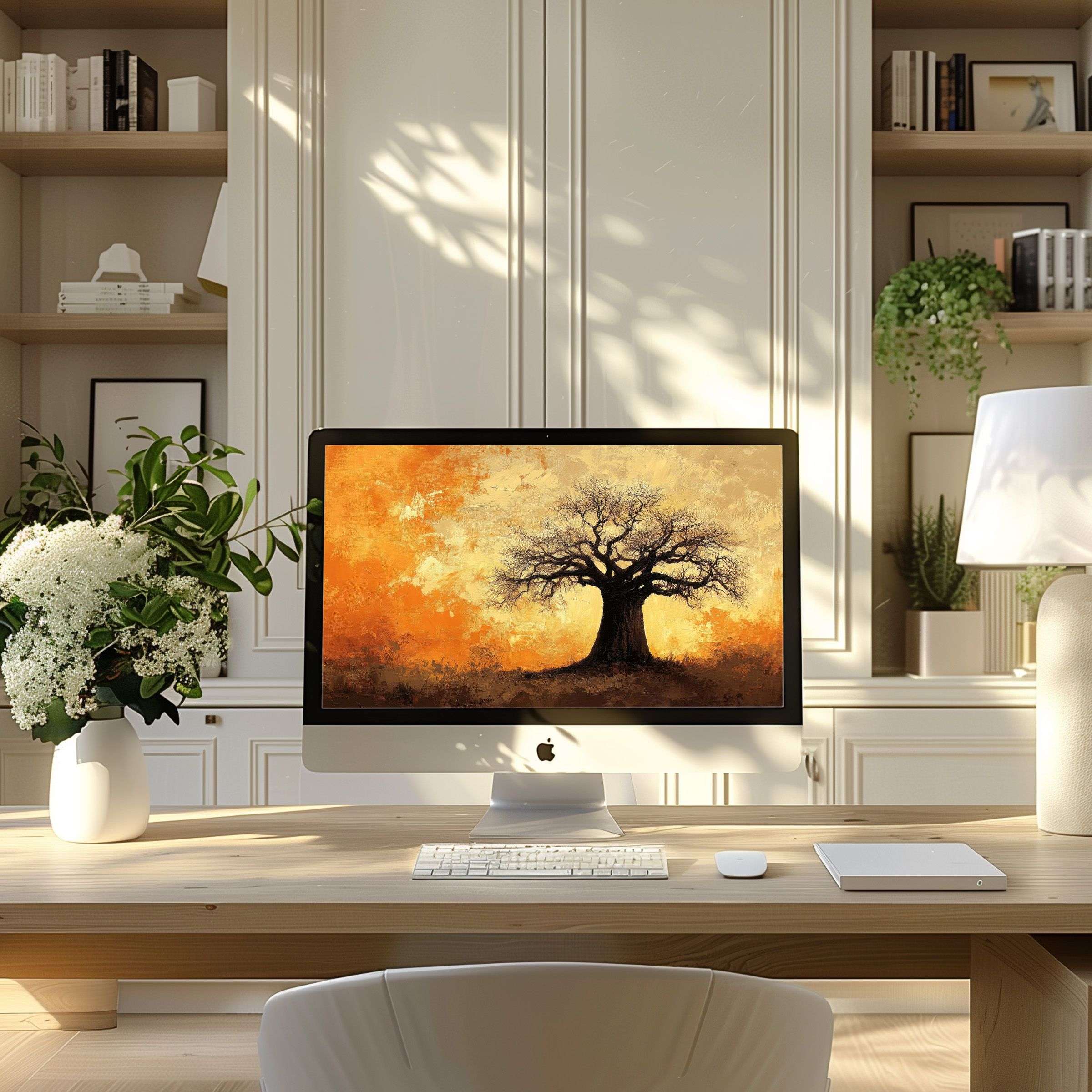 Elegant digital art wallpaper for computer showcasing a serene tree motif on a PC and laptop in a modern home office setting