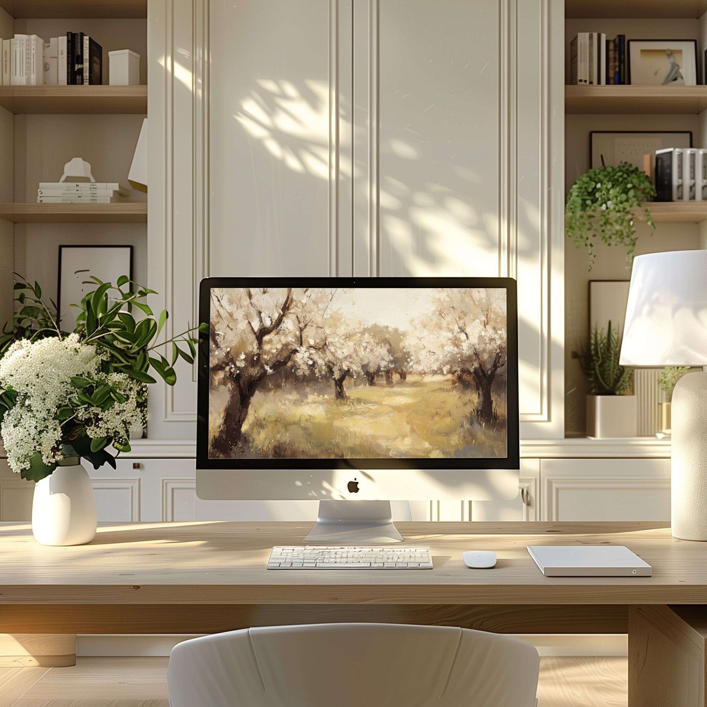 Elegant landscape art wallpaper for computer brings calm to modern home office, ideal for PC, Laptop, ultrawide screens