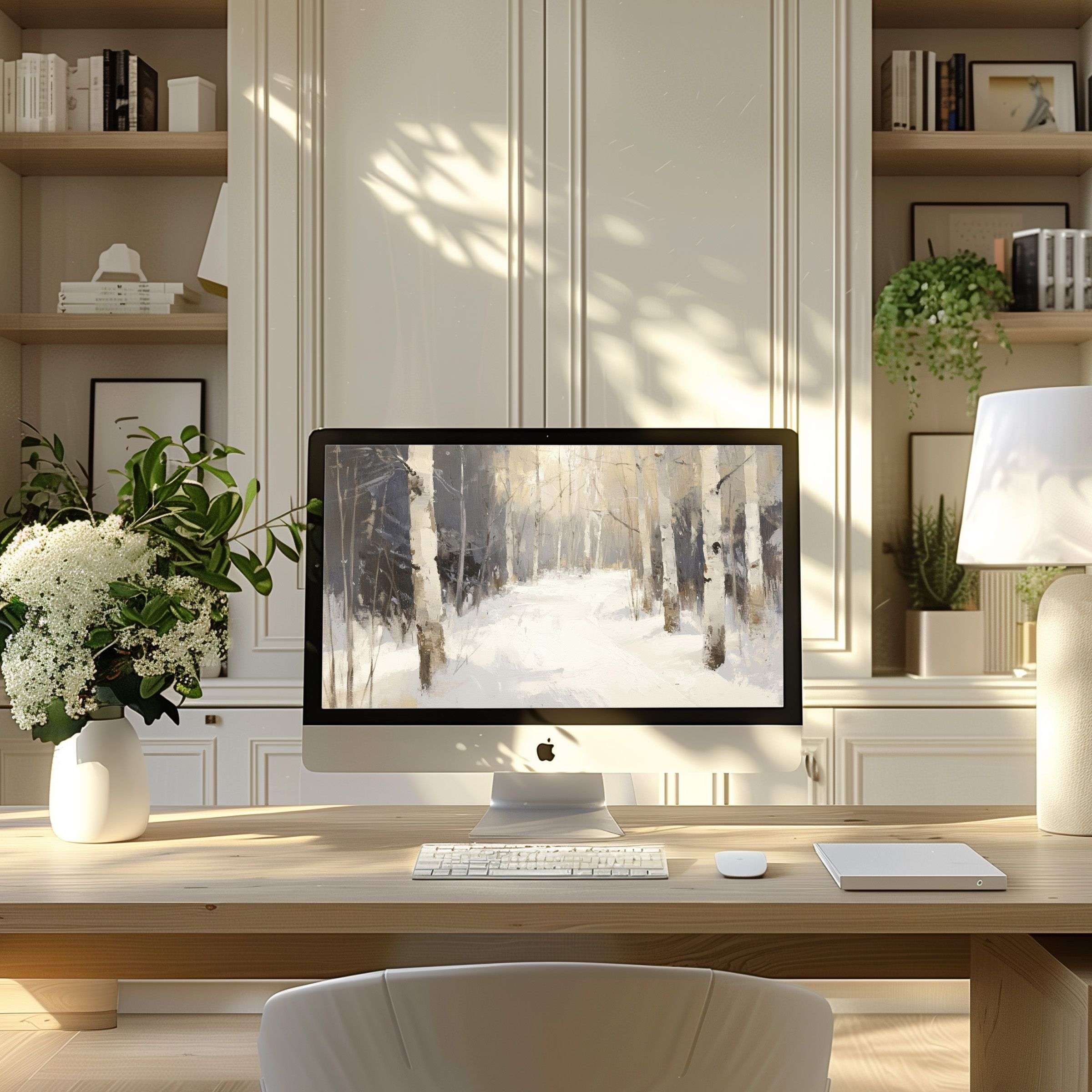 Elegant winter forest wallpaper for computer creates calm, inspiring ambiance, perfect for PC, laptop, ultrawide digital download
