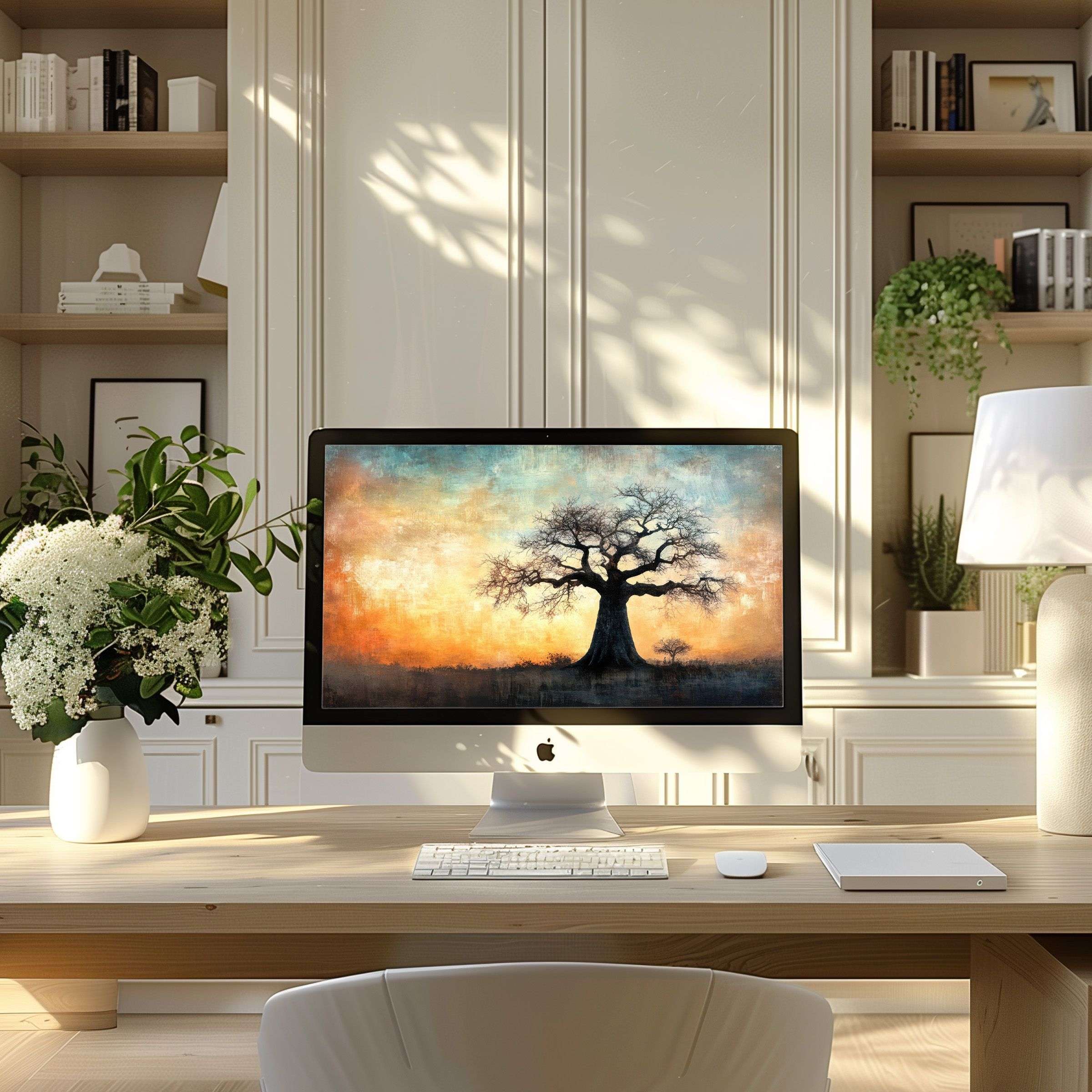 Elegant tree motif digital art wallpaper for computer creating calming inspiration in modern PC and laptop home office setup