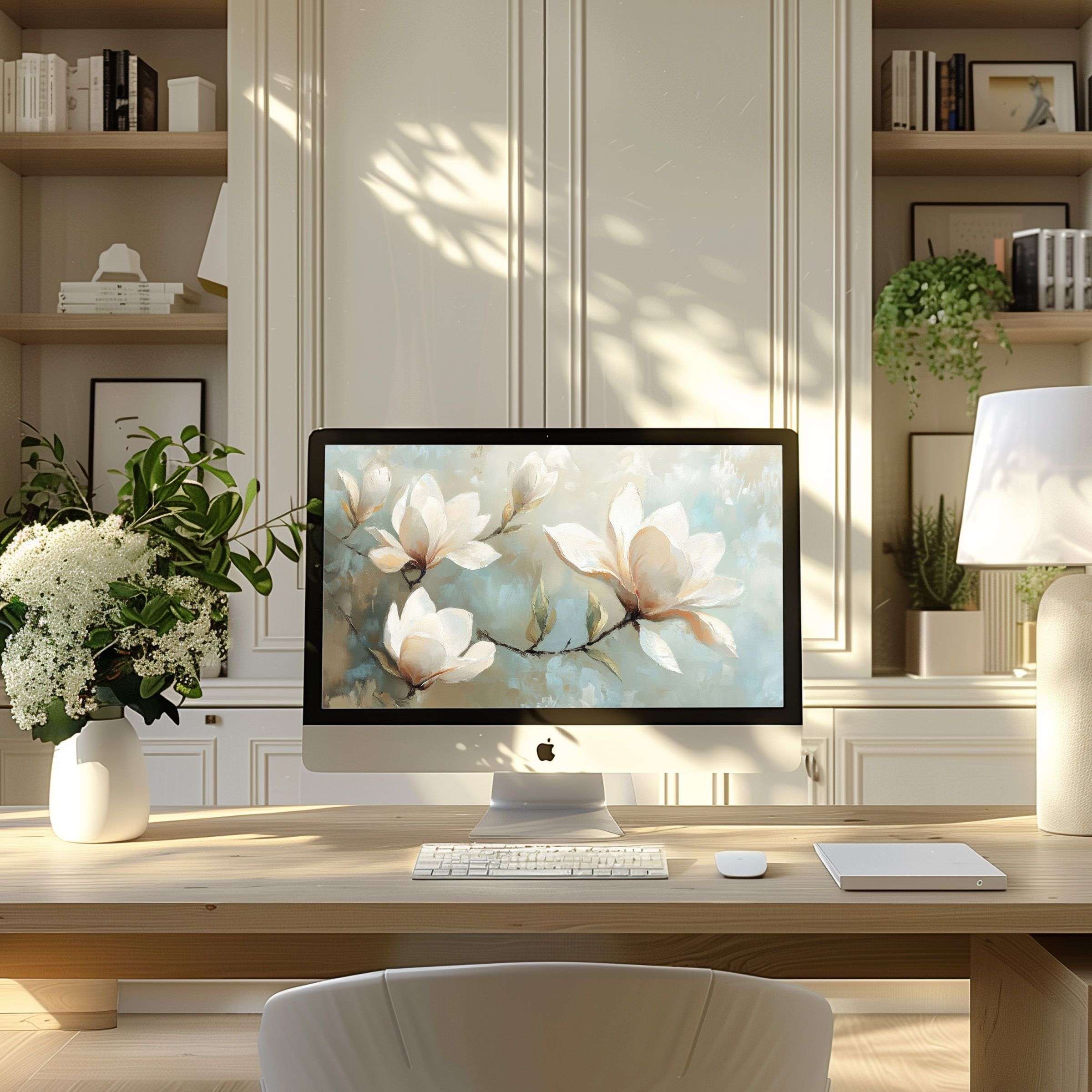 Elegant magnolia-themed wallpaper for computer, ideal for PC or laptop, inspires calm in a modern home office digital download