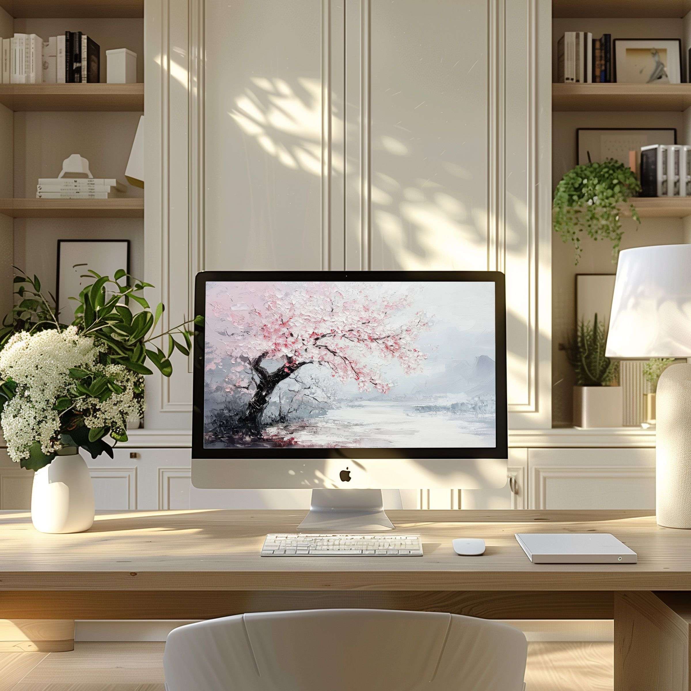 Elegant digital art featuring serene pink blossoms enhances your modern workspace, ideal as a calming wallpaper for computer, PC, or laptop