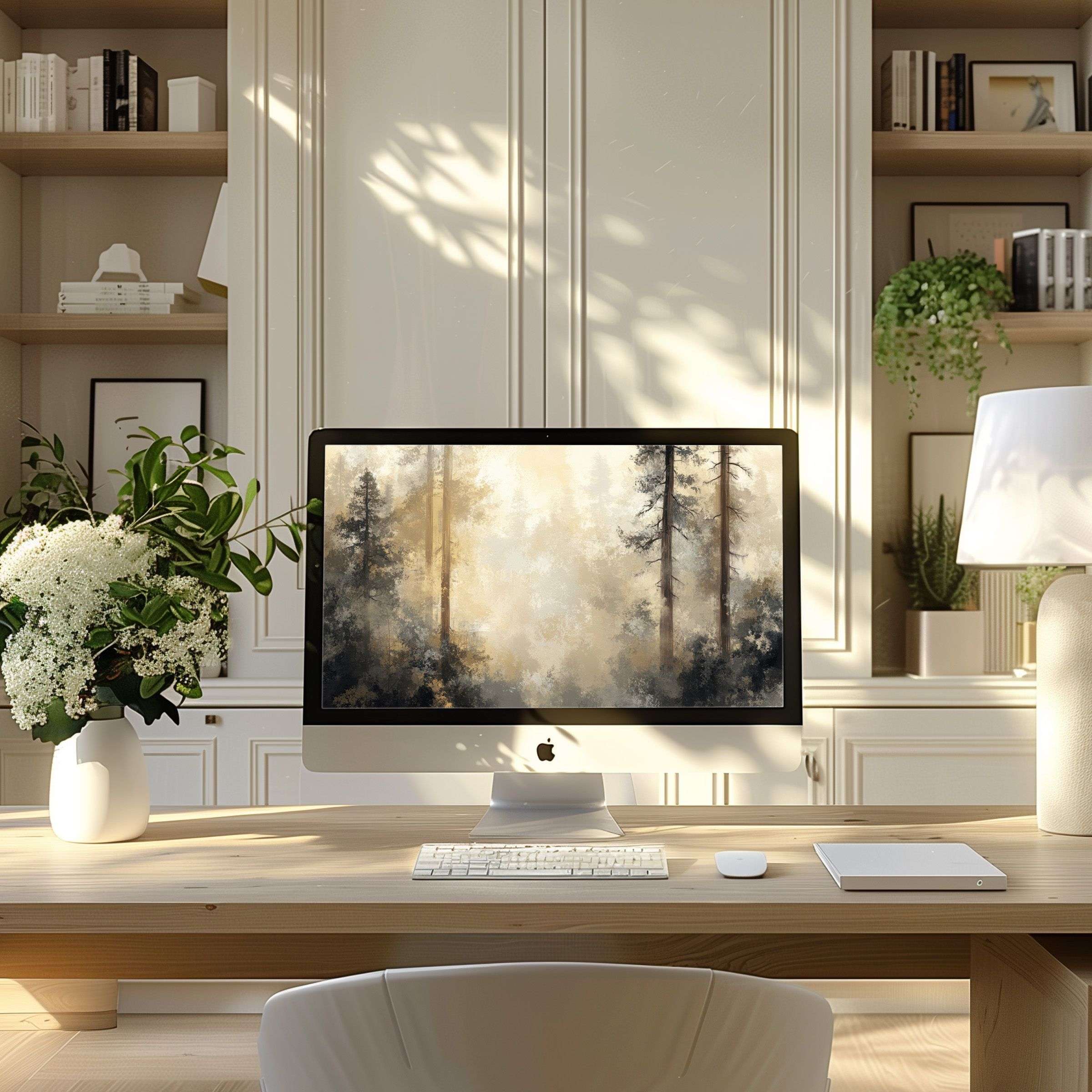 Elegant forest digital art wallpaper for computer enhances calm, inspiring modern home office, suits PC, laptop, ultrawide screens