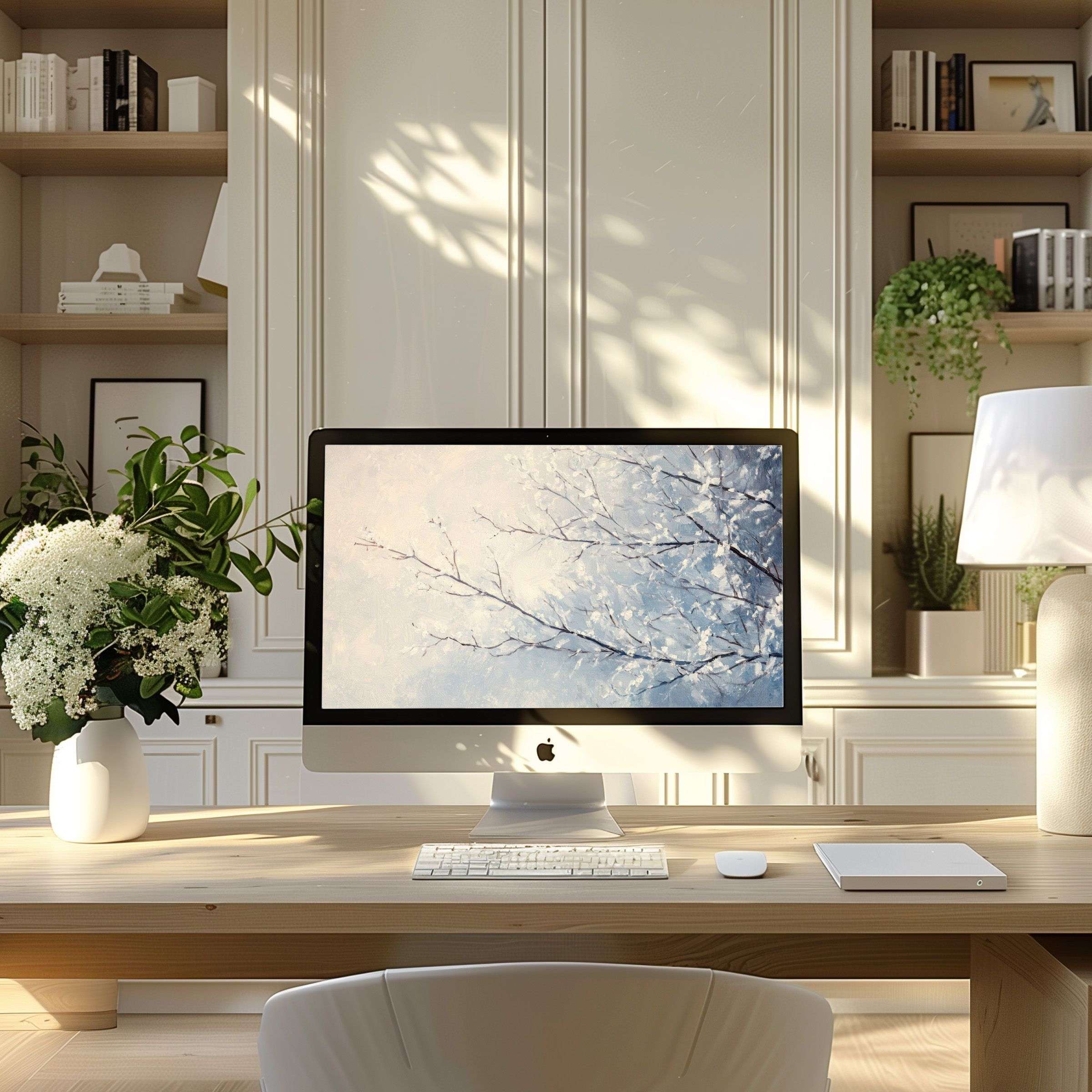 Calming abstract branch design digital wallpaper for computer PC and laptop in a modern home office inspires elegance and tranquility