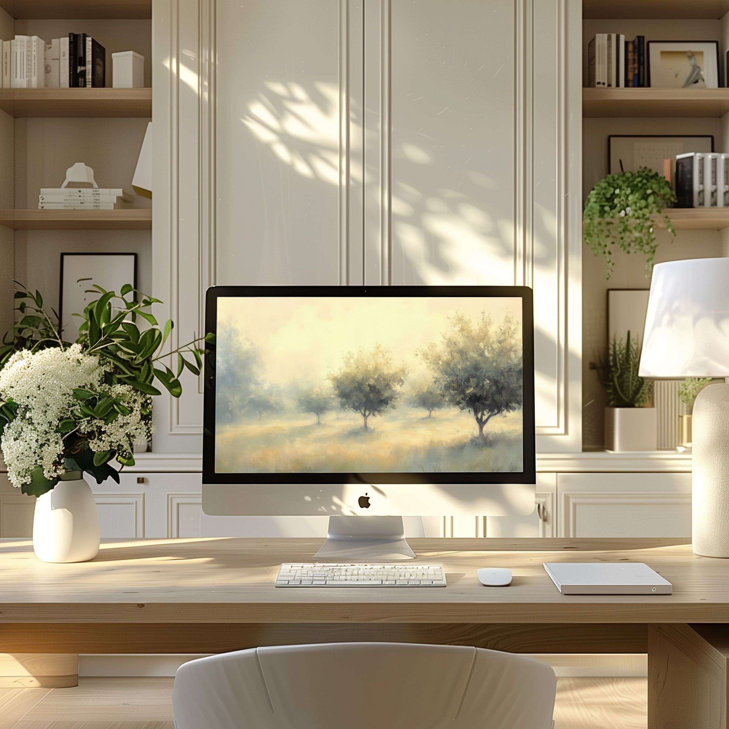 Elegant wallpaper for computer with serene landscape art complements modern home office for PC or laptop enhancing calm and style