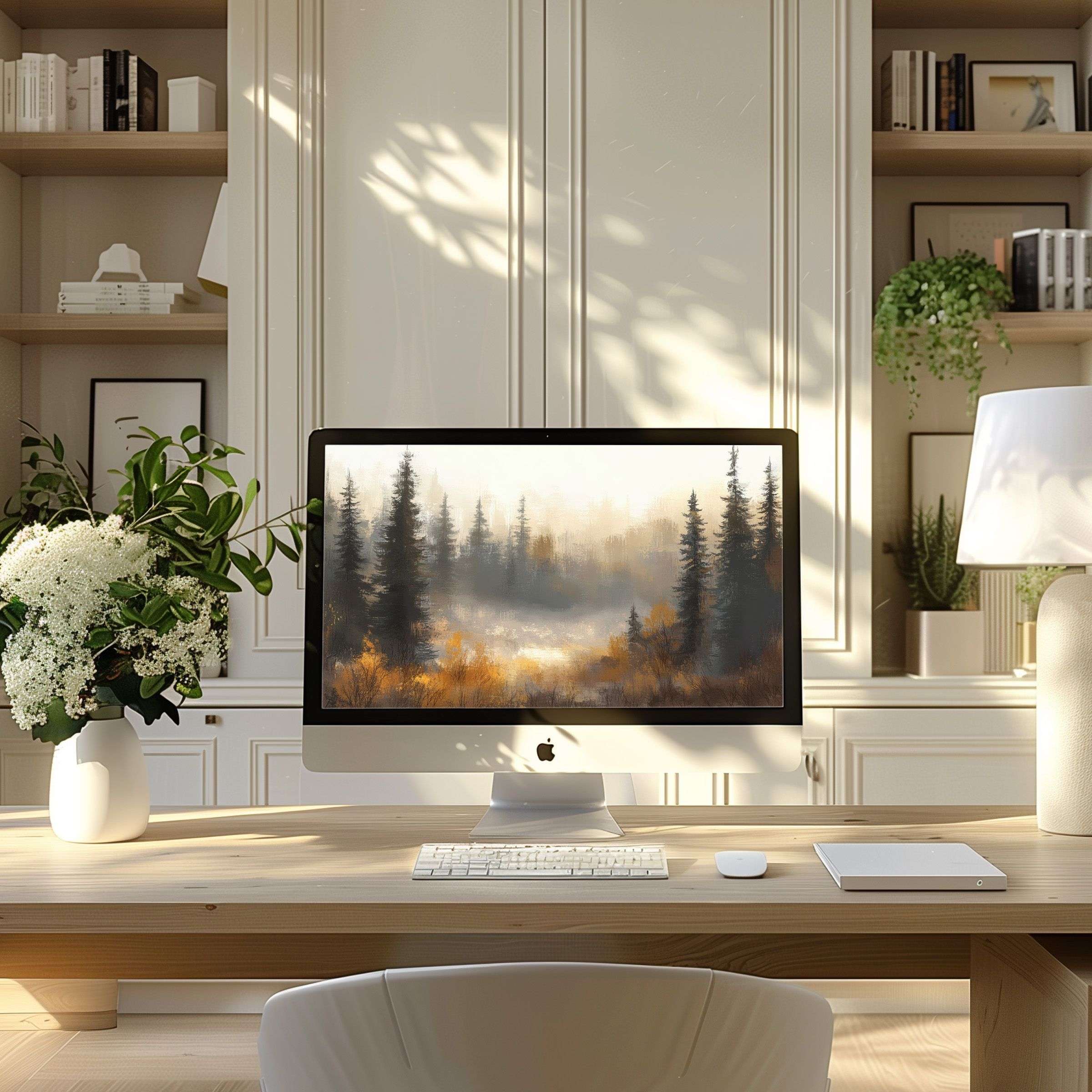 Elegant forest landscape wallpaper for computer brings calm inspiration to modern home office desktop PC or Laptop displays
