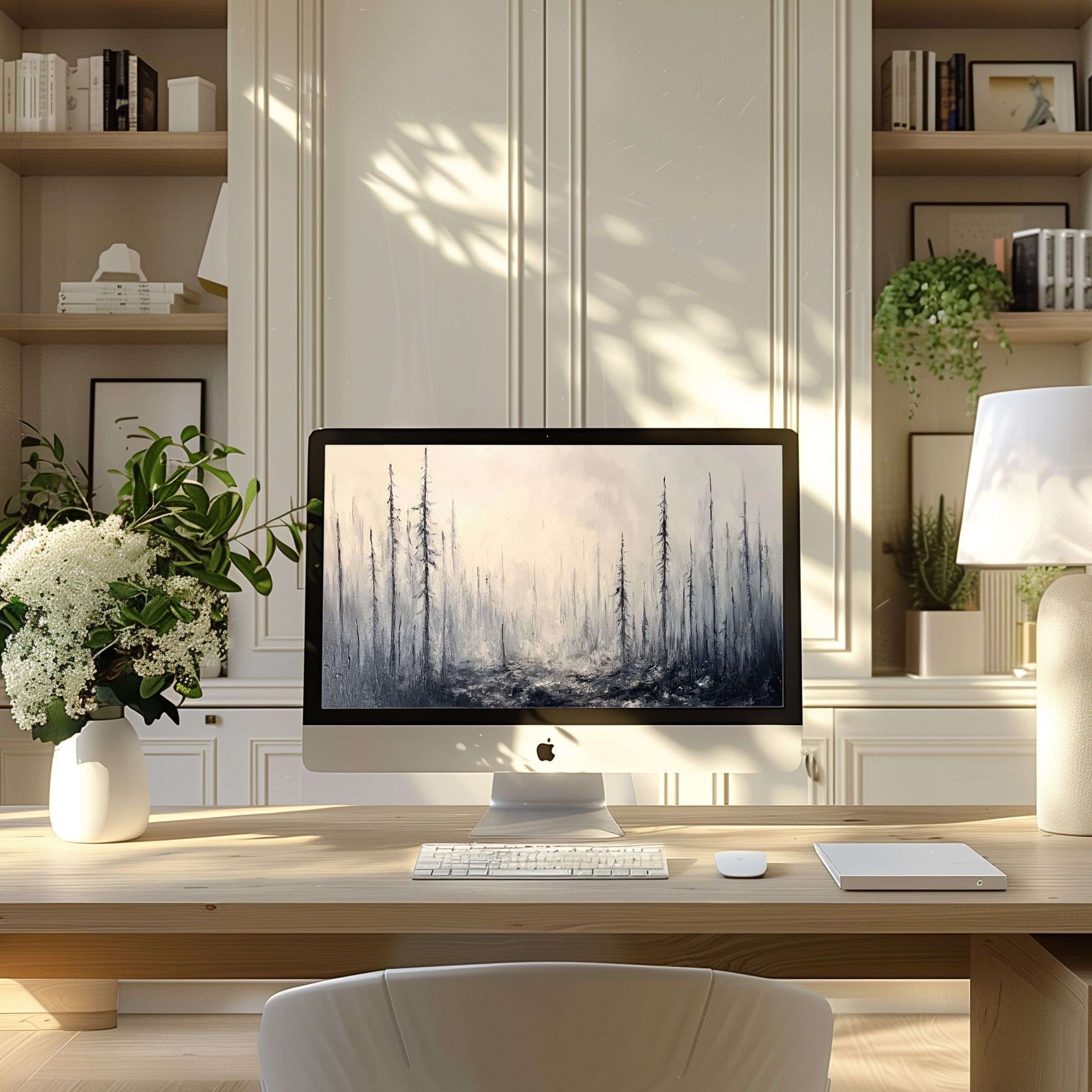 Elegant misty forest artwork as wallpaper for computer, perfect for PC or laptop in modern, serene home office setting