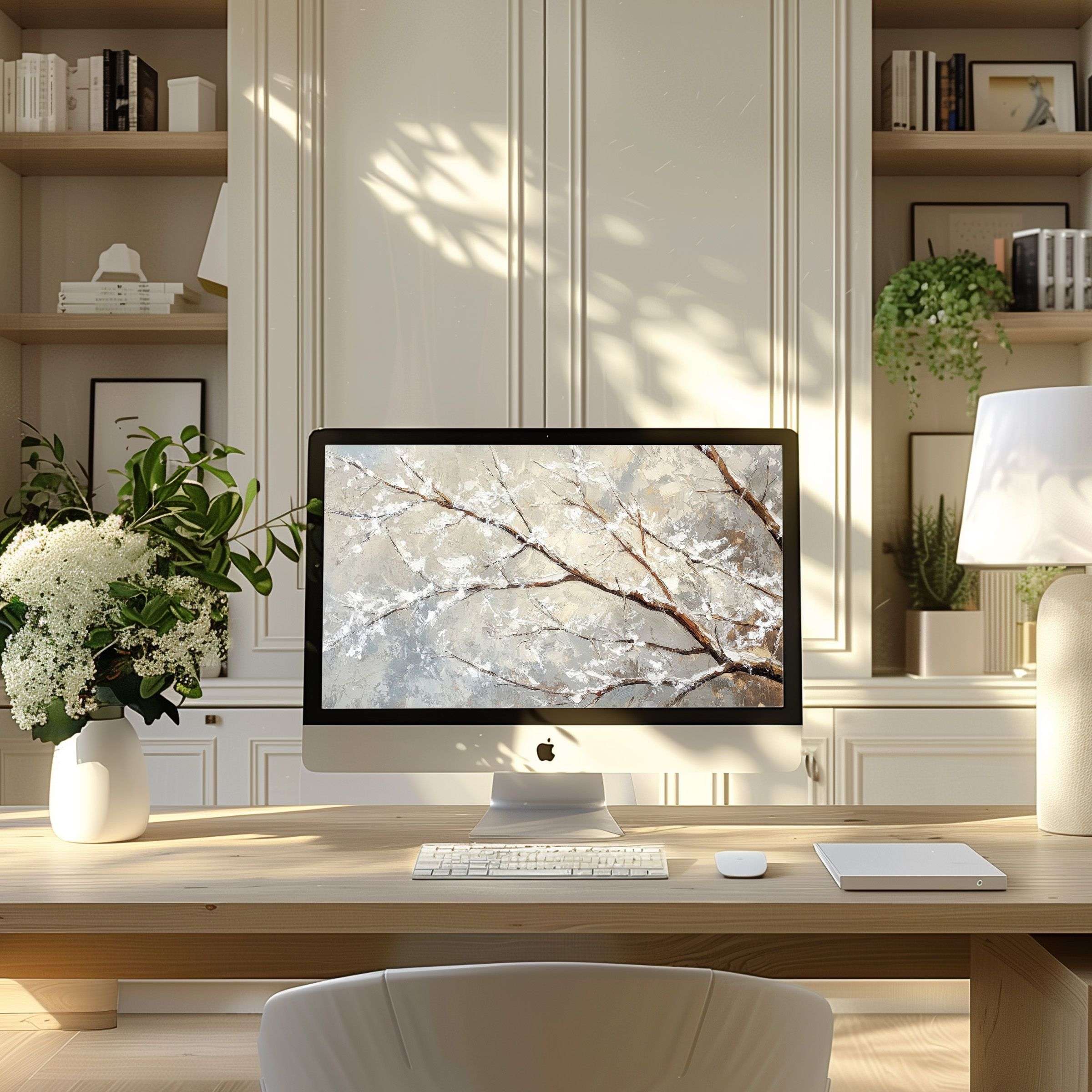 Elegant nature-inspired wallpaper for computer enhances a modern home office with calm serenity, fitting PC, laptop, and ultrawide screens