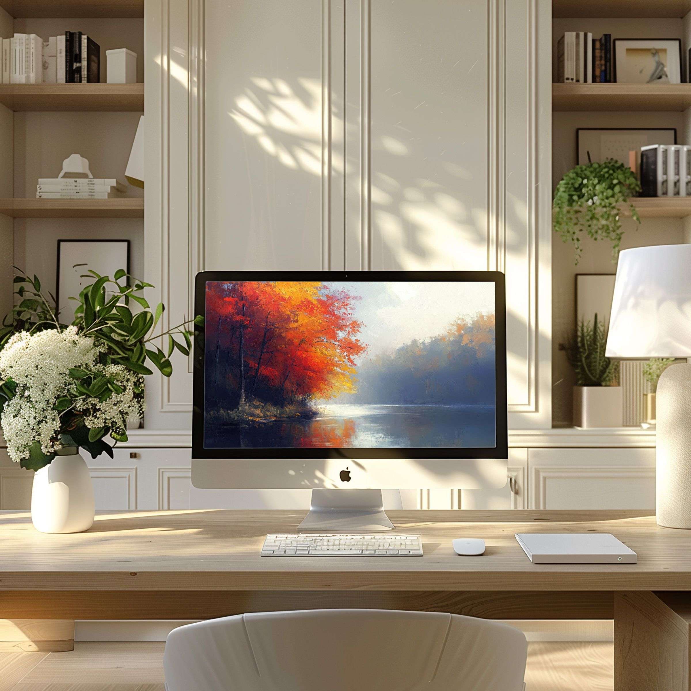 Elegant digital download of serene autumn landscape wallpaper for computer invigorating your modern home office on PC or laptop