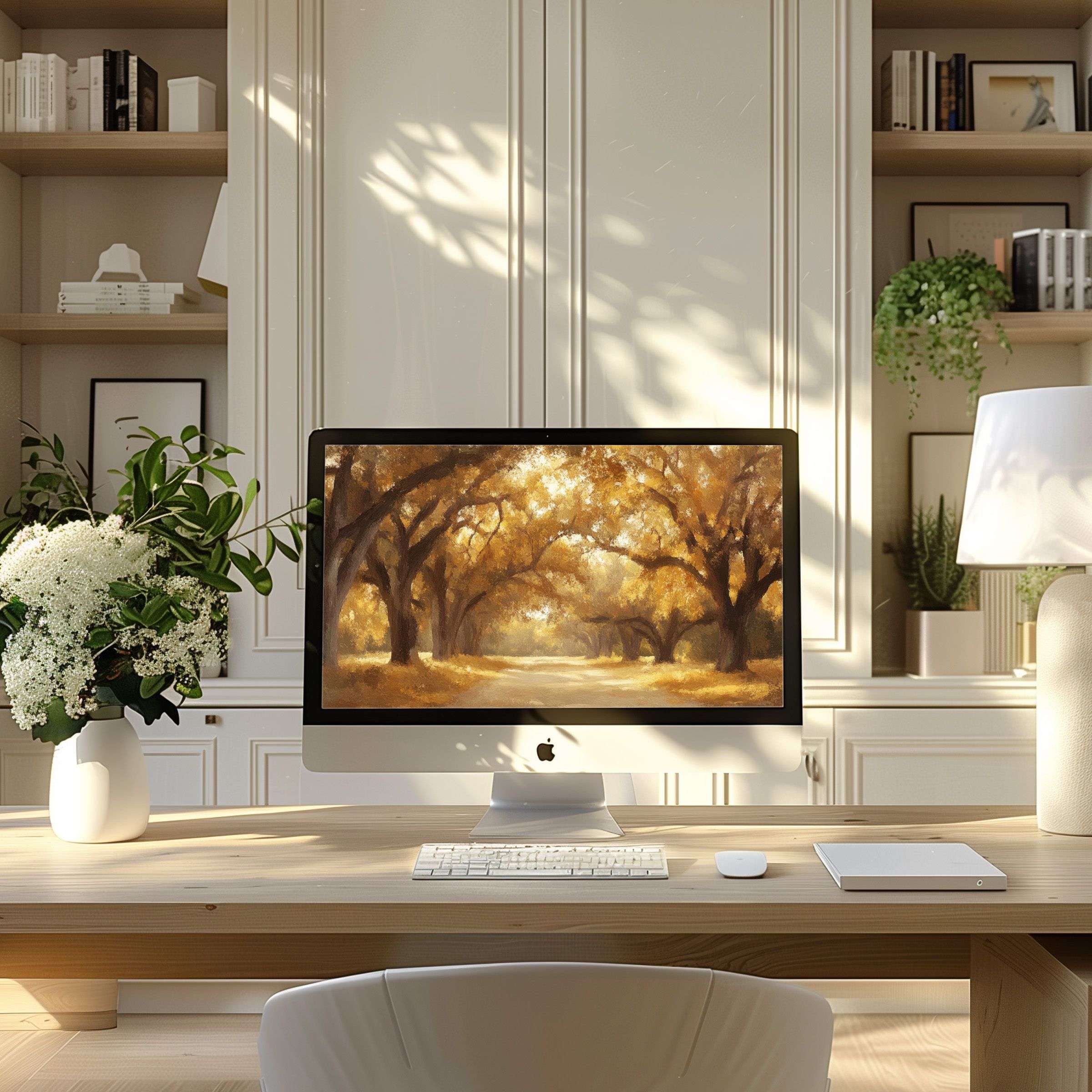 Elegant digital art with golden trees brings calm inspiration to your modern home office, ideal wallpaper for computer, PC, or laptop
