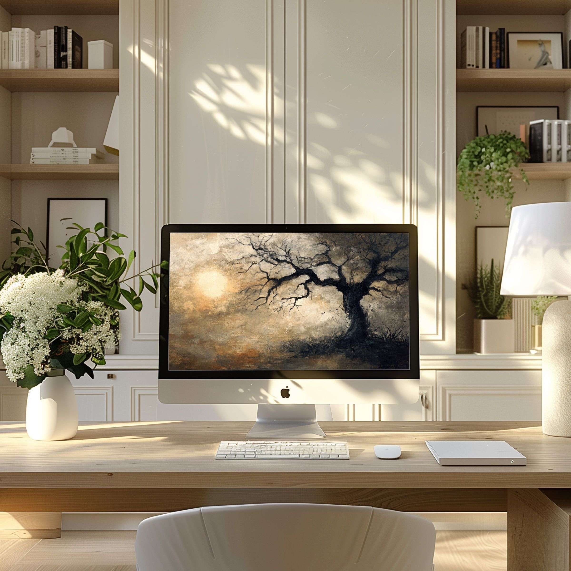 Elegant tree artwork as wallpaper for computer in a serene office setting enhances PC and laptop with inspiration and calm ambiance