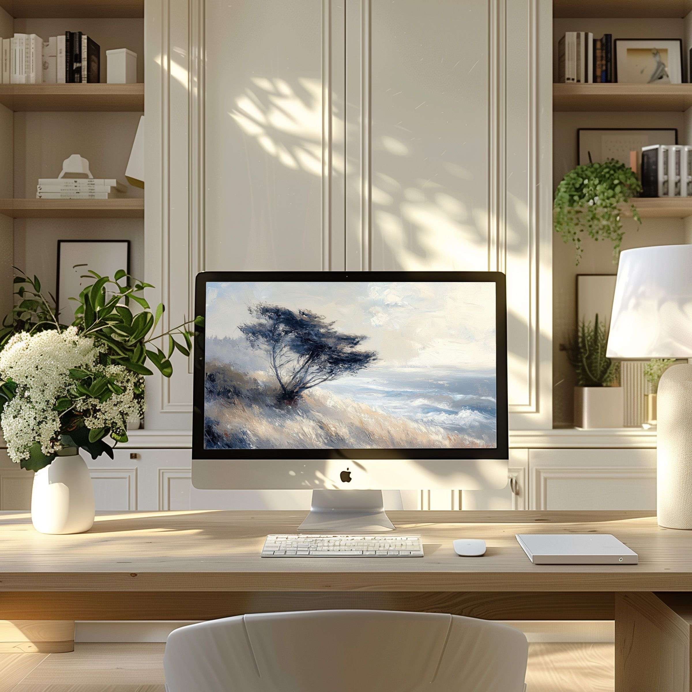 Serene landscape oil painting as wallpaper for computer in elegant office inspires calm, fitting PC, laptop, ultrawide screens