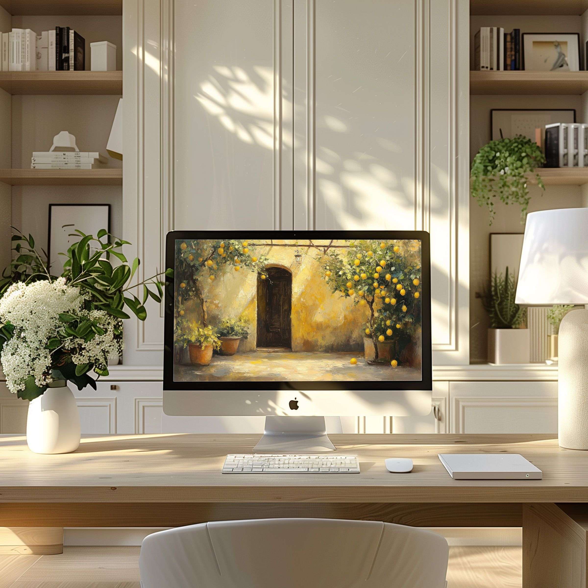 Calming lemon garden digital artwork offers elegant inspiration and fits any PC or laptop wallpaper for computer use in modern home office