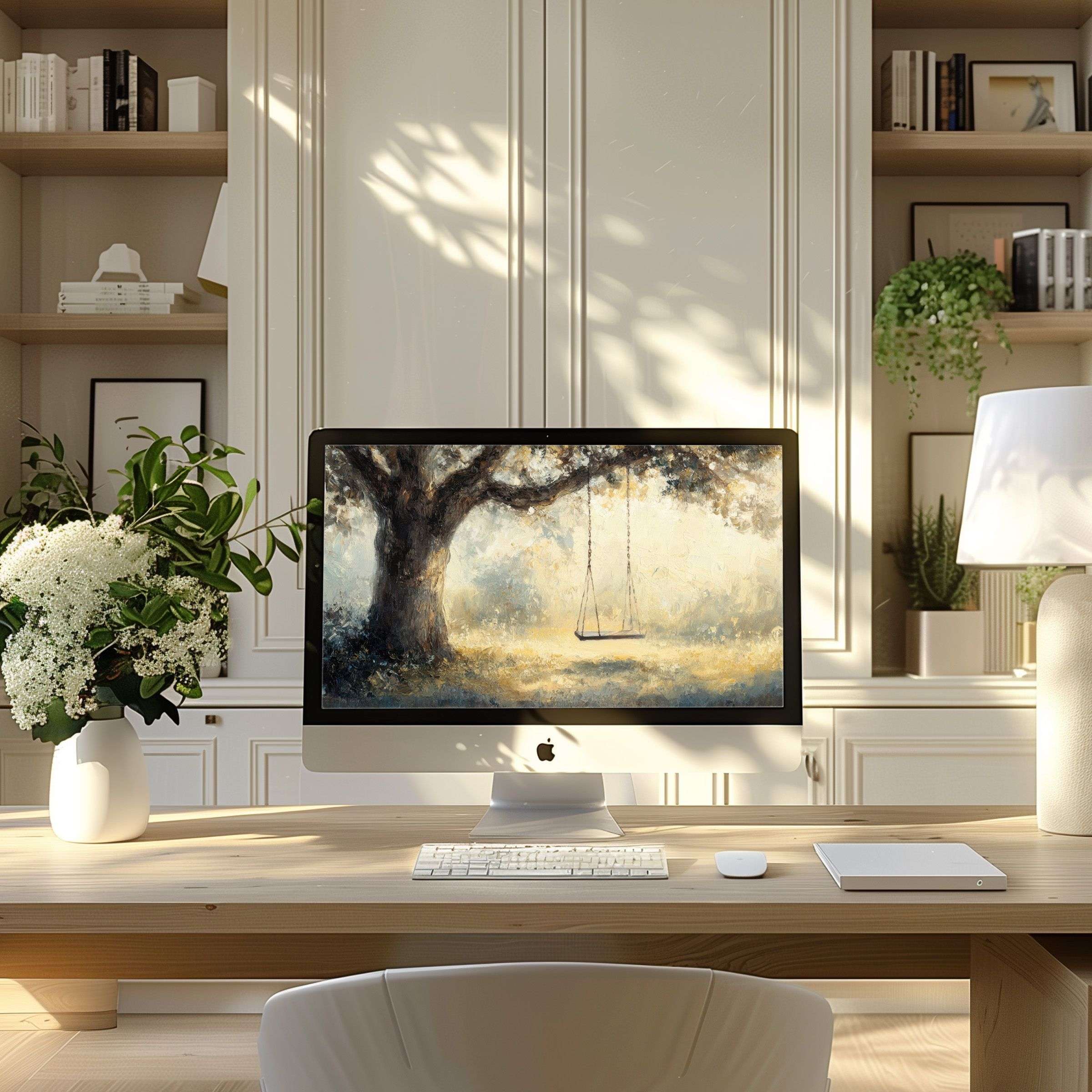 Elegant wallpaper for computer featuring a serene tree scene, ideal for PC and laptop use in modern, calming home office spaces