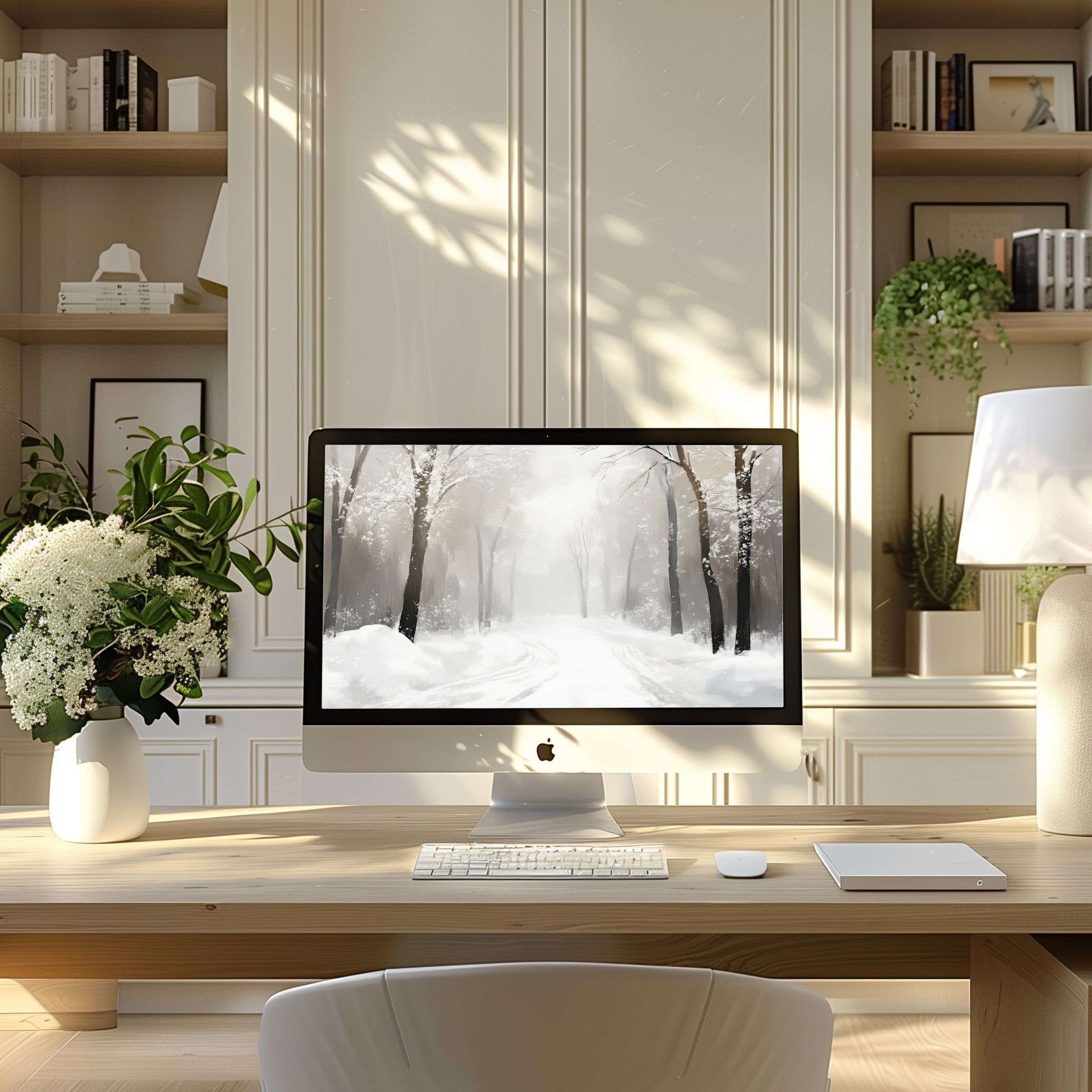 Calming winter forest scene wallpaper for computer brings elegance to any modern home office, suitable for PC and laptop users
