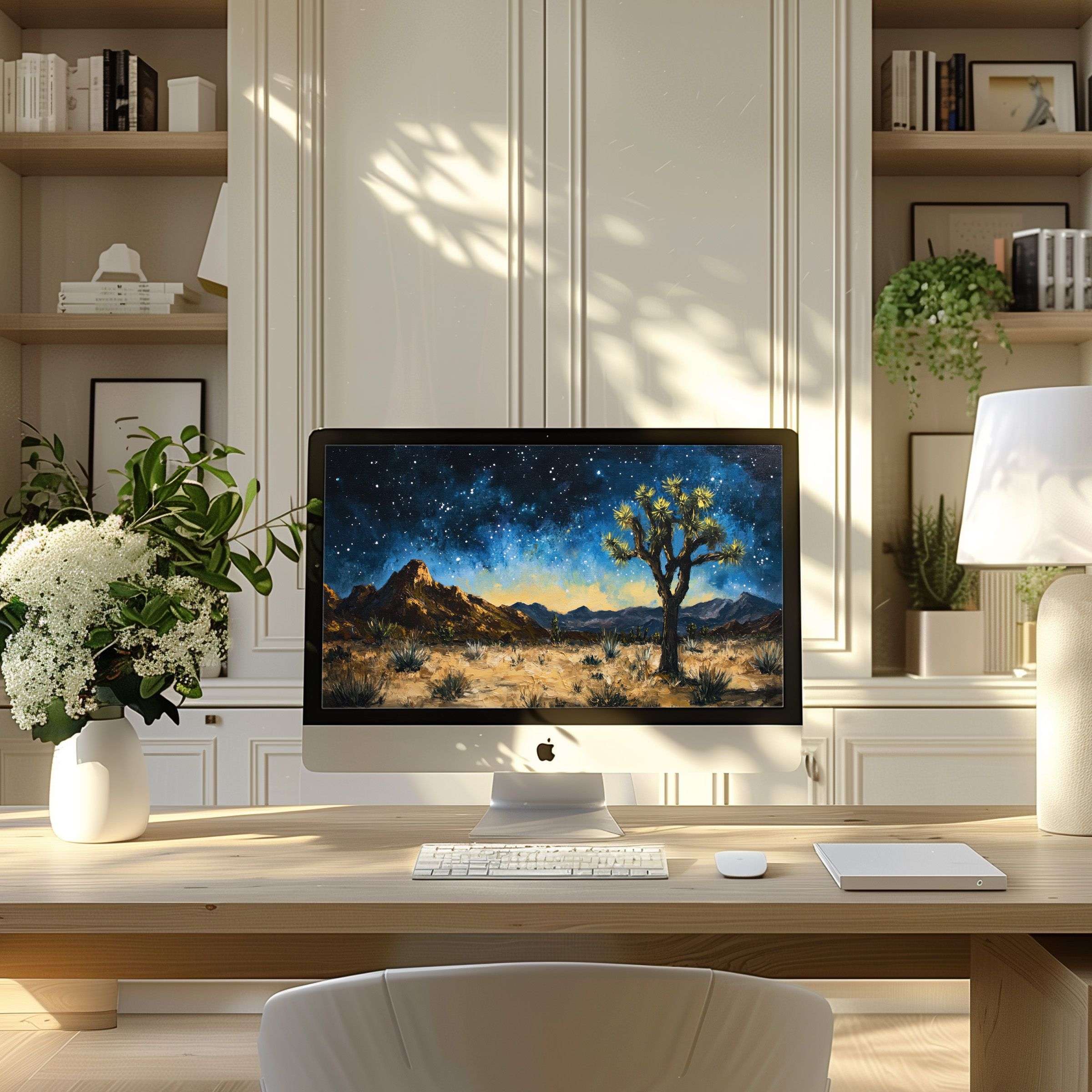 Desert night sky landscape as elegant wallpaper for computer inspires calm in modern home office fitting any PC or laptop