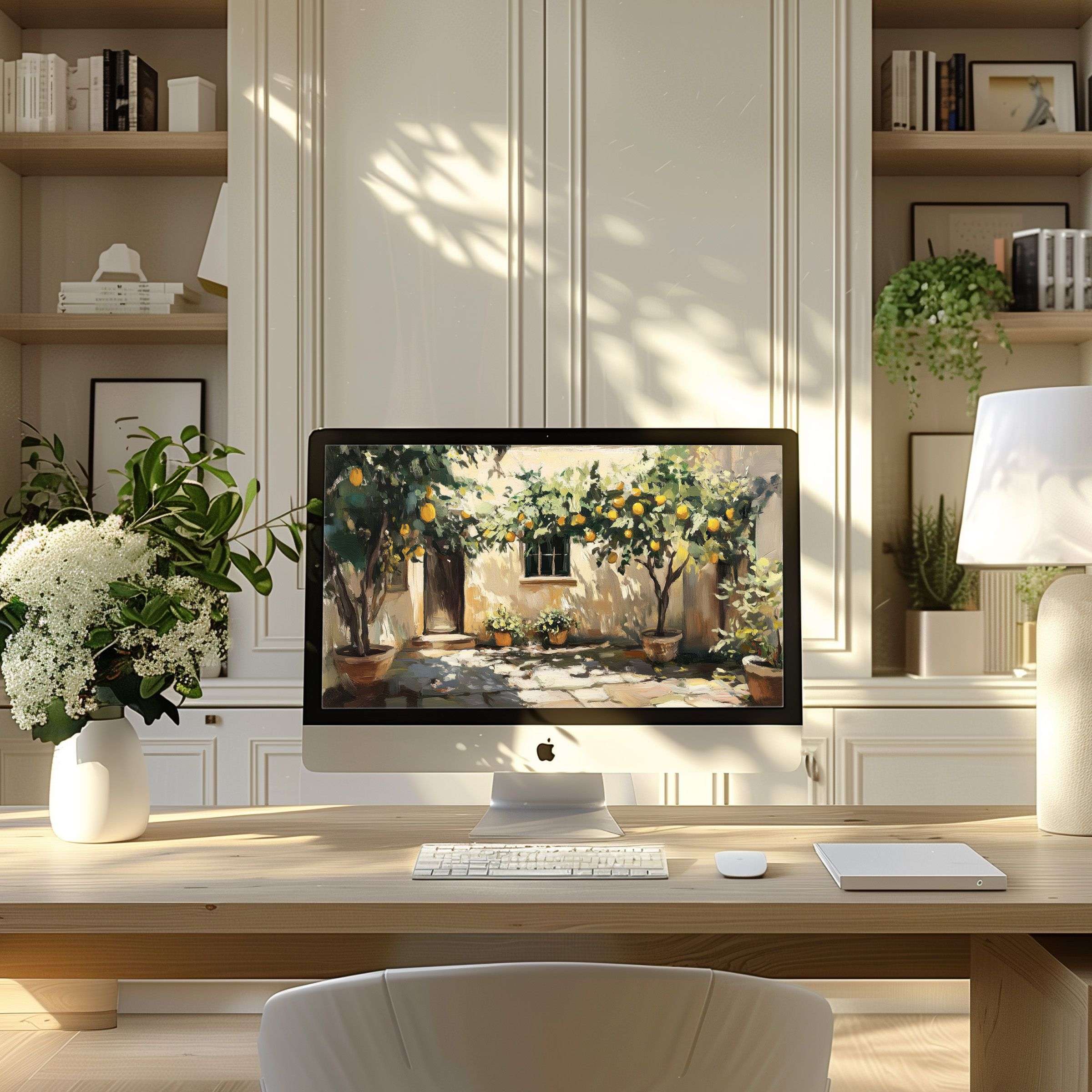 Elegant wallpaper for computer featuring sunlit citrus trees, perfect for PC and laptop, inspires calm in a modern home office setup
