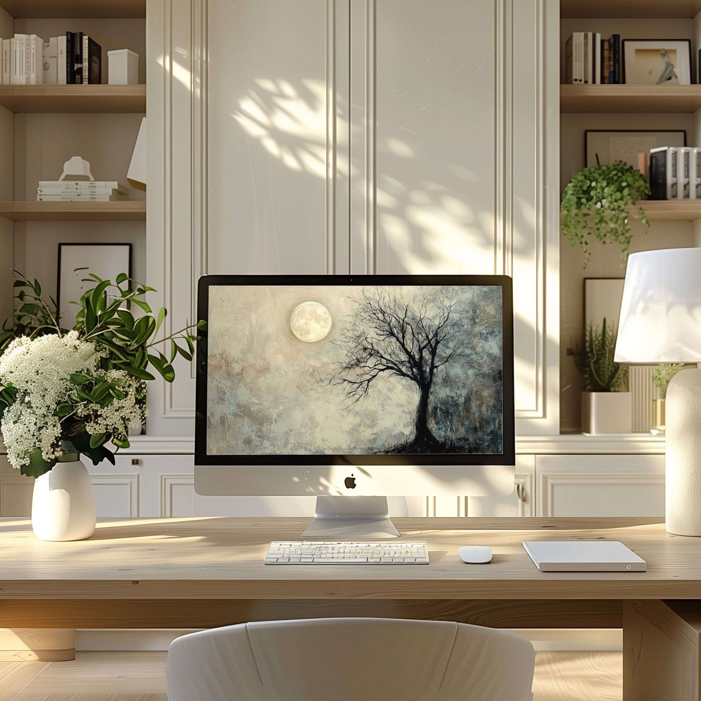 Elegant digital art depicting a moonlit tree, ideal wallpaper for computer, PC, laptop; enhances modern office space with calm inspiration