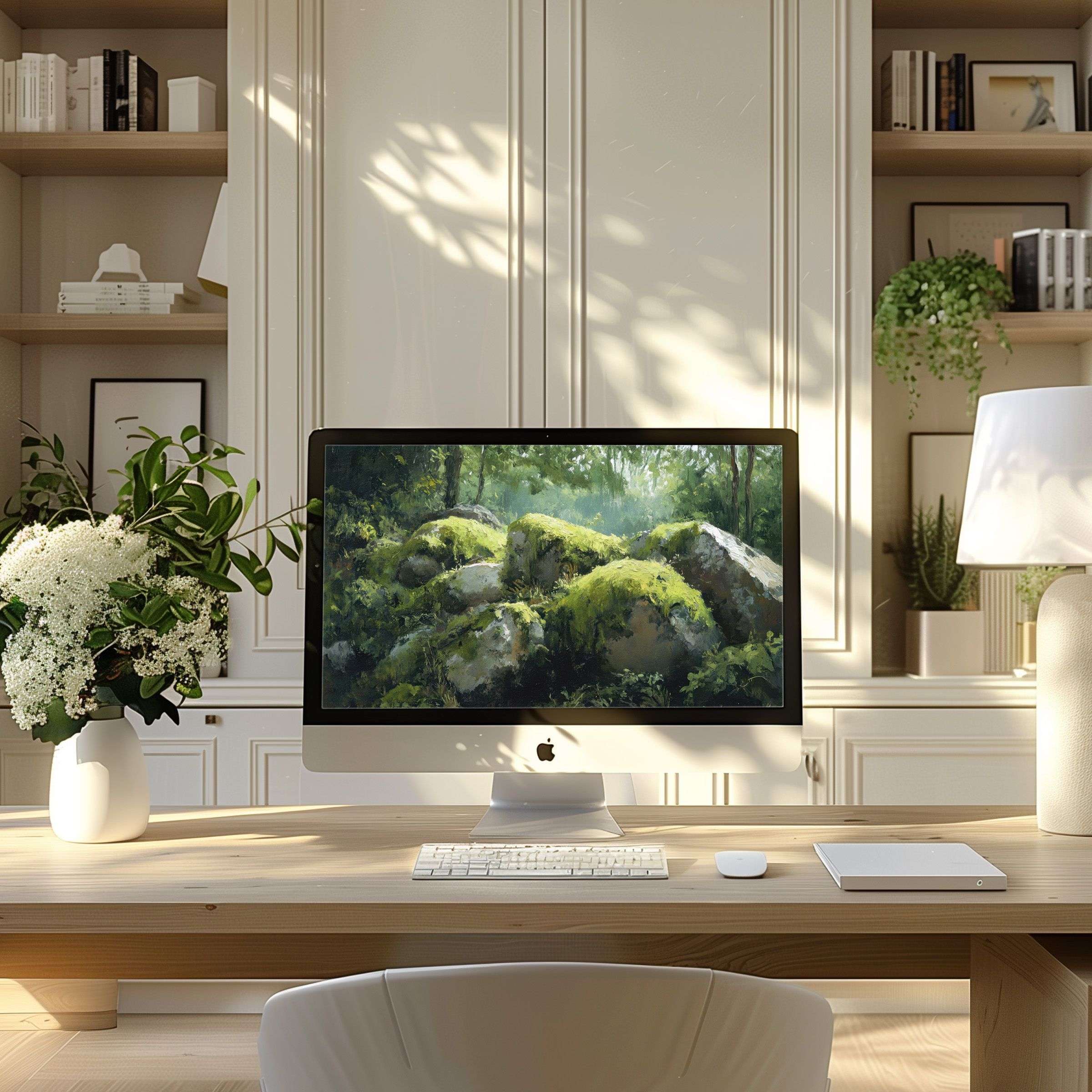 Green forest digital art wallpaper for computer, PC, and laptop in elegant, calm home office setting, offering inspiration and beauty