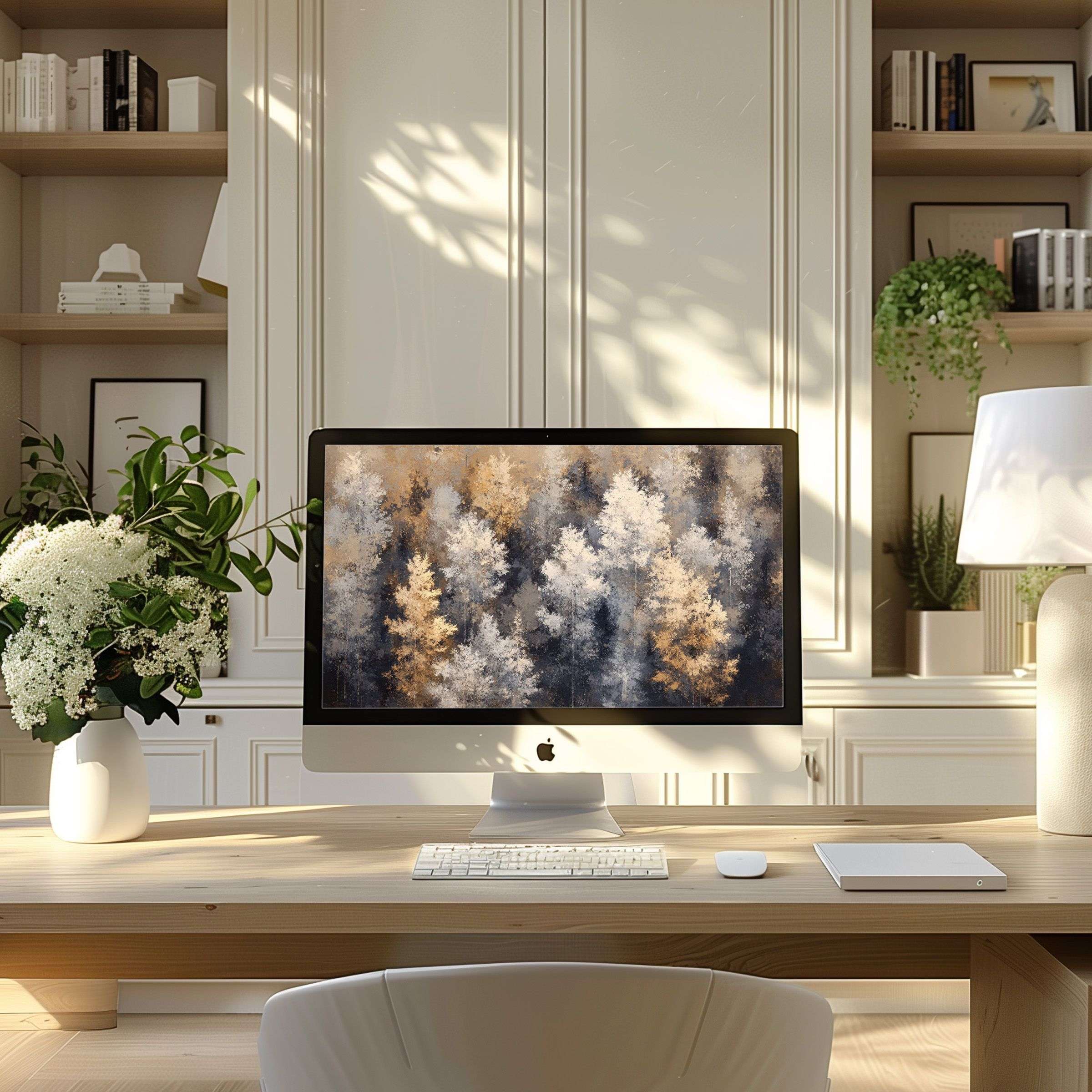 Elegant wallpaper for computer with serene forest motif enhances modern home office Desk art fits PC and laptop screens