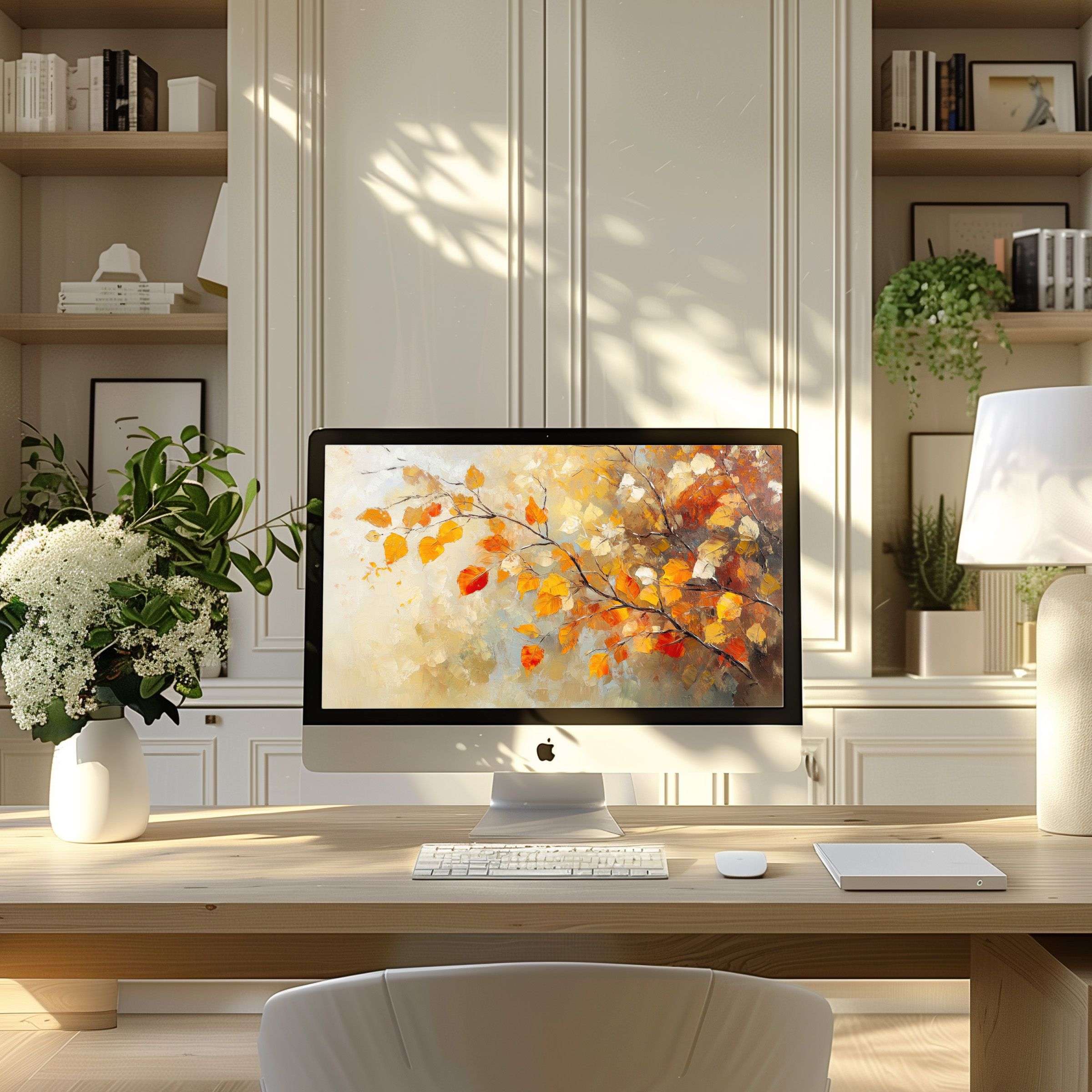 Elegant digital art with warm autumn hues, perfect wallpaper for computer, PC or laptop in modern home office, inspiring calm