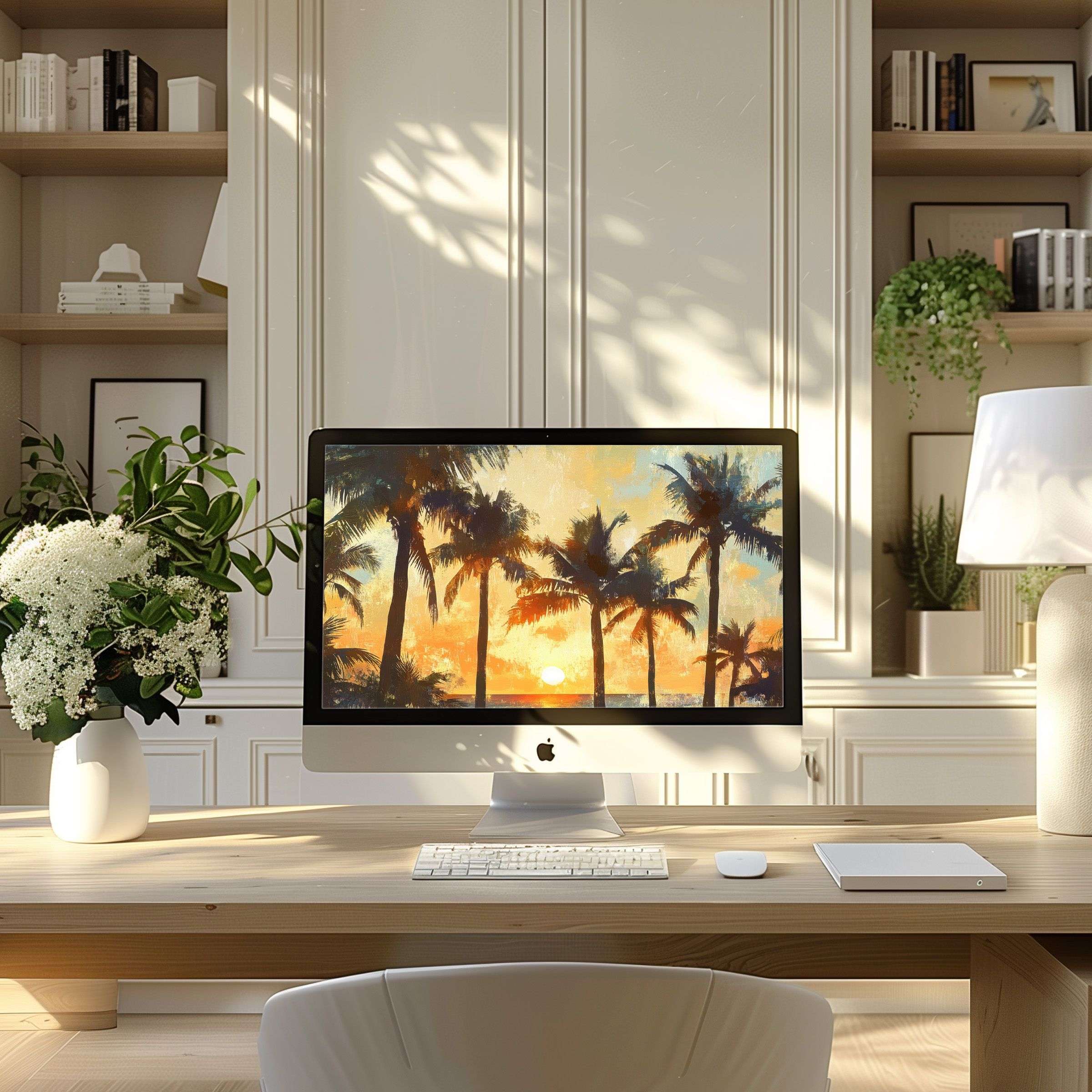 Sunset palm art wallpaper for computer and laptop in elegant home office setting inspires calm and aesthetics for PC users
