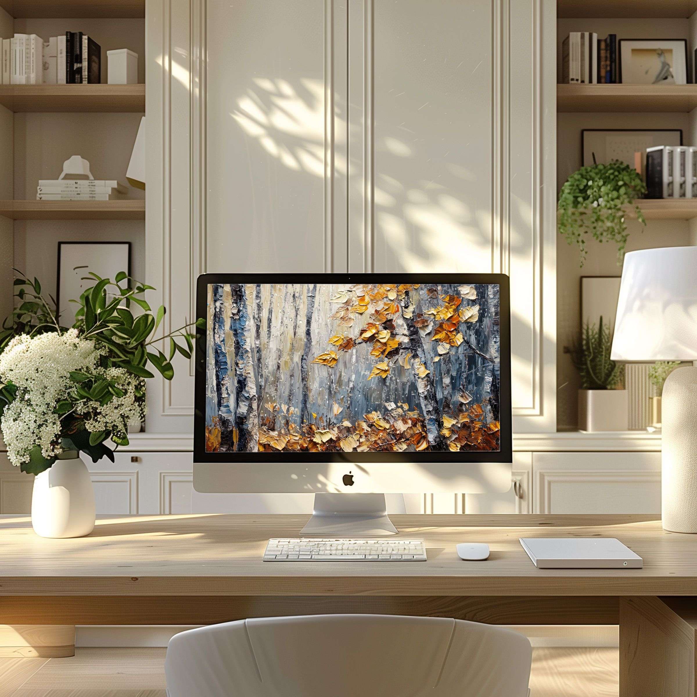 Elegant autumn forest wallpaper for computer offers calm and inspiration, perfect for PC or laptop download in a modern office