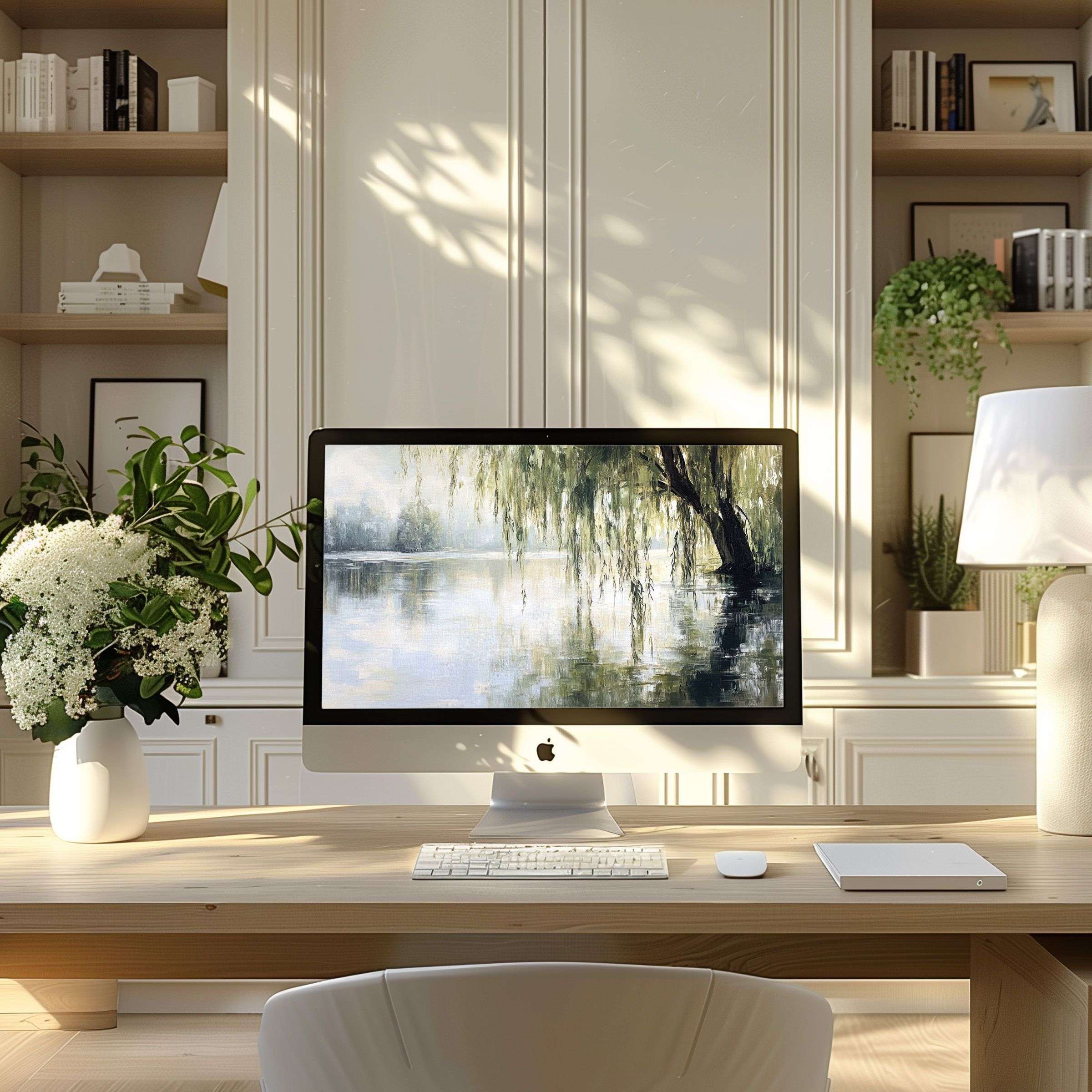 Serene landscape wallpaper for computer enhancing calmness on modern PC desk fits both laptop and ultrawide digital downloads