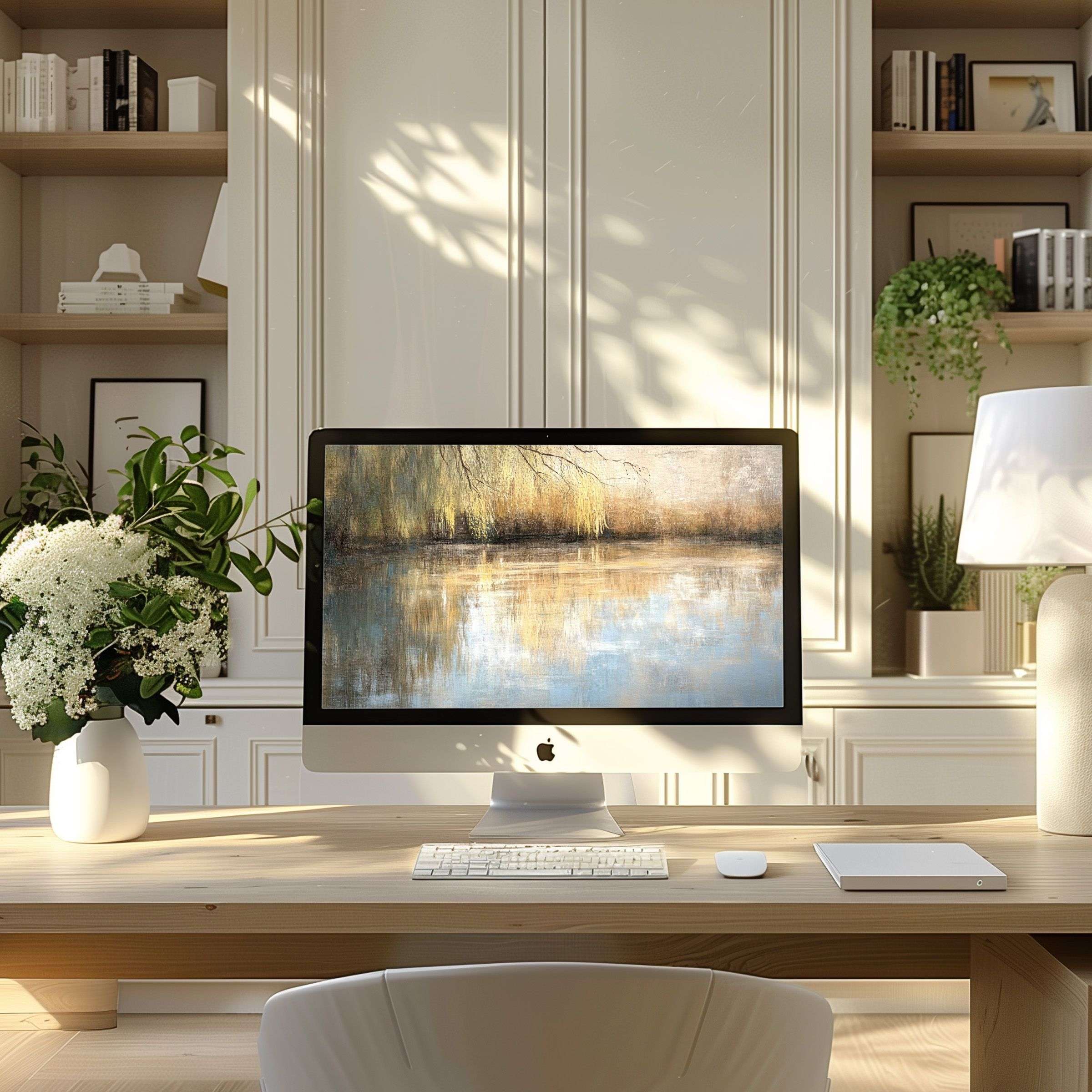 Serene landscape wallpaper for computer adds elegance to your modern home office desk setup, ideal for PC, laptop, or ultrawide display