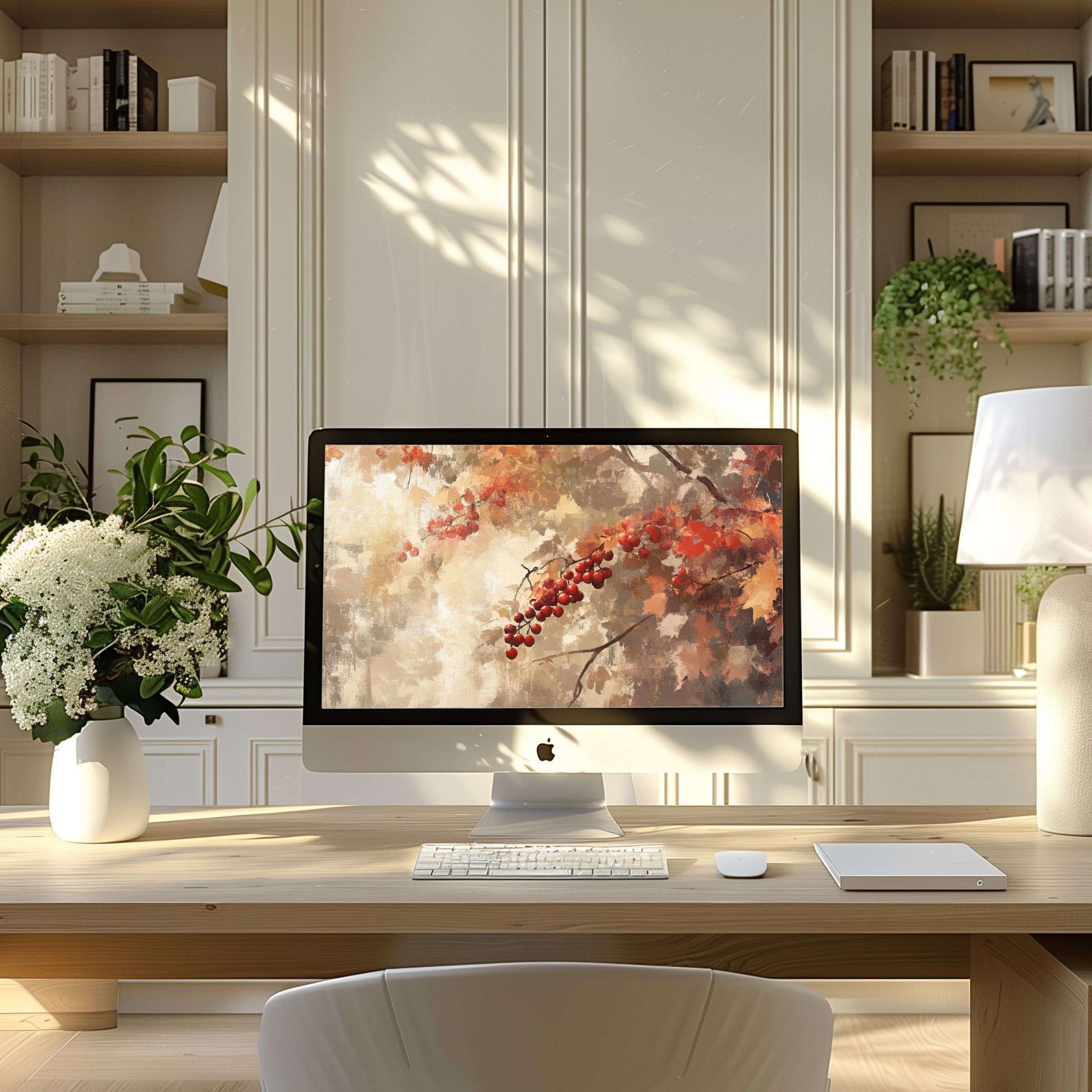 Elegant autumn-themed wallpaper for computer enhances modern home office, inspiring calm elegance on PC, laptop, ultrawide setups