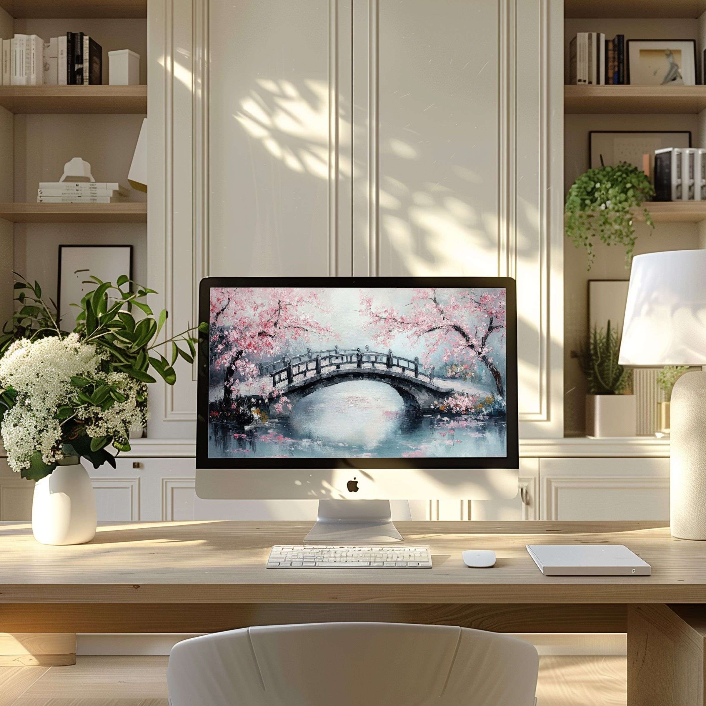 Elegant cherry blossom artwork wallpaper for computer, ideal for PC or laptop, inspiring calm and beauty in a modern home office