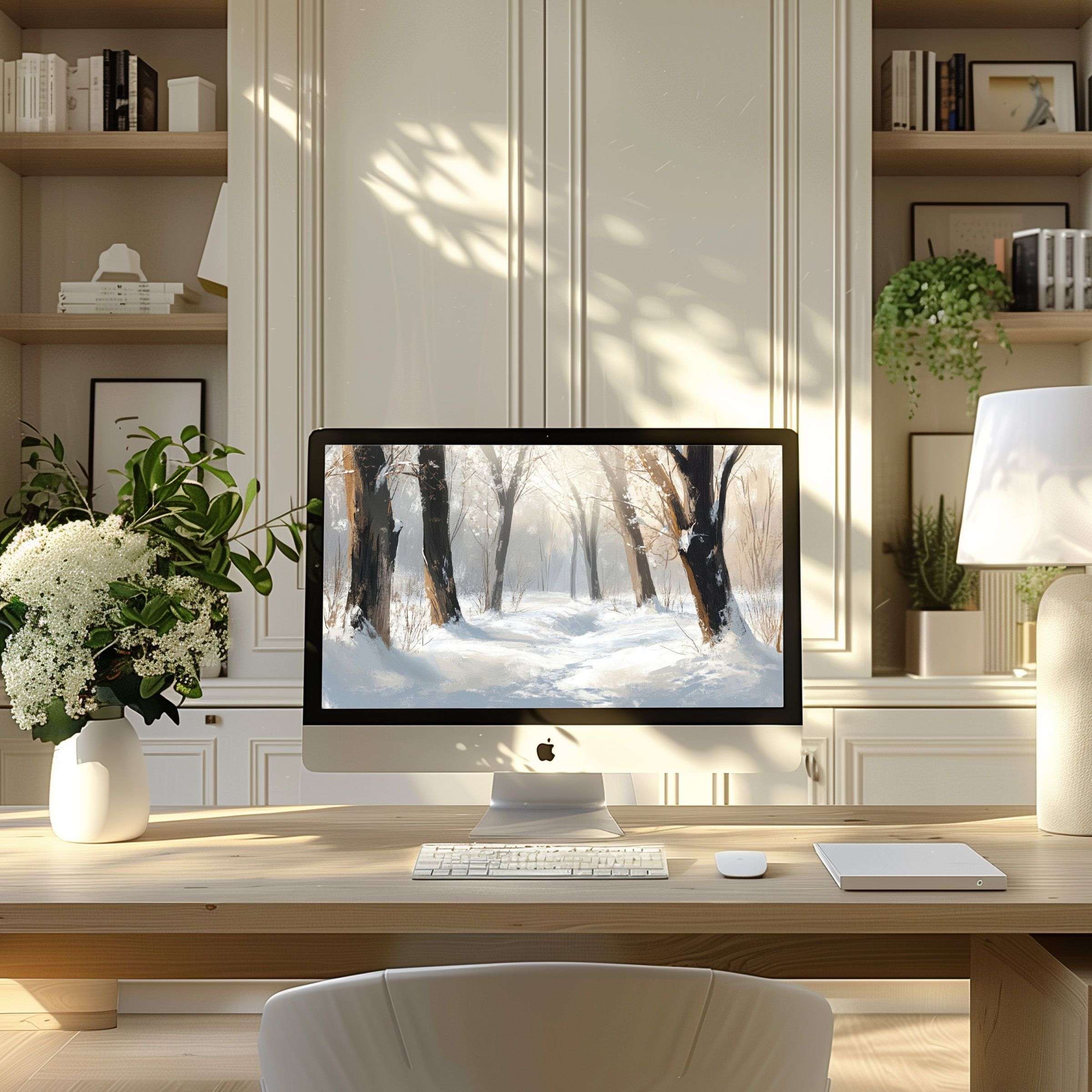Snowy forest digital art wallpaper for computer, bringing calm elegance to modern home offices, perfect for PC and laptop use