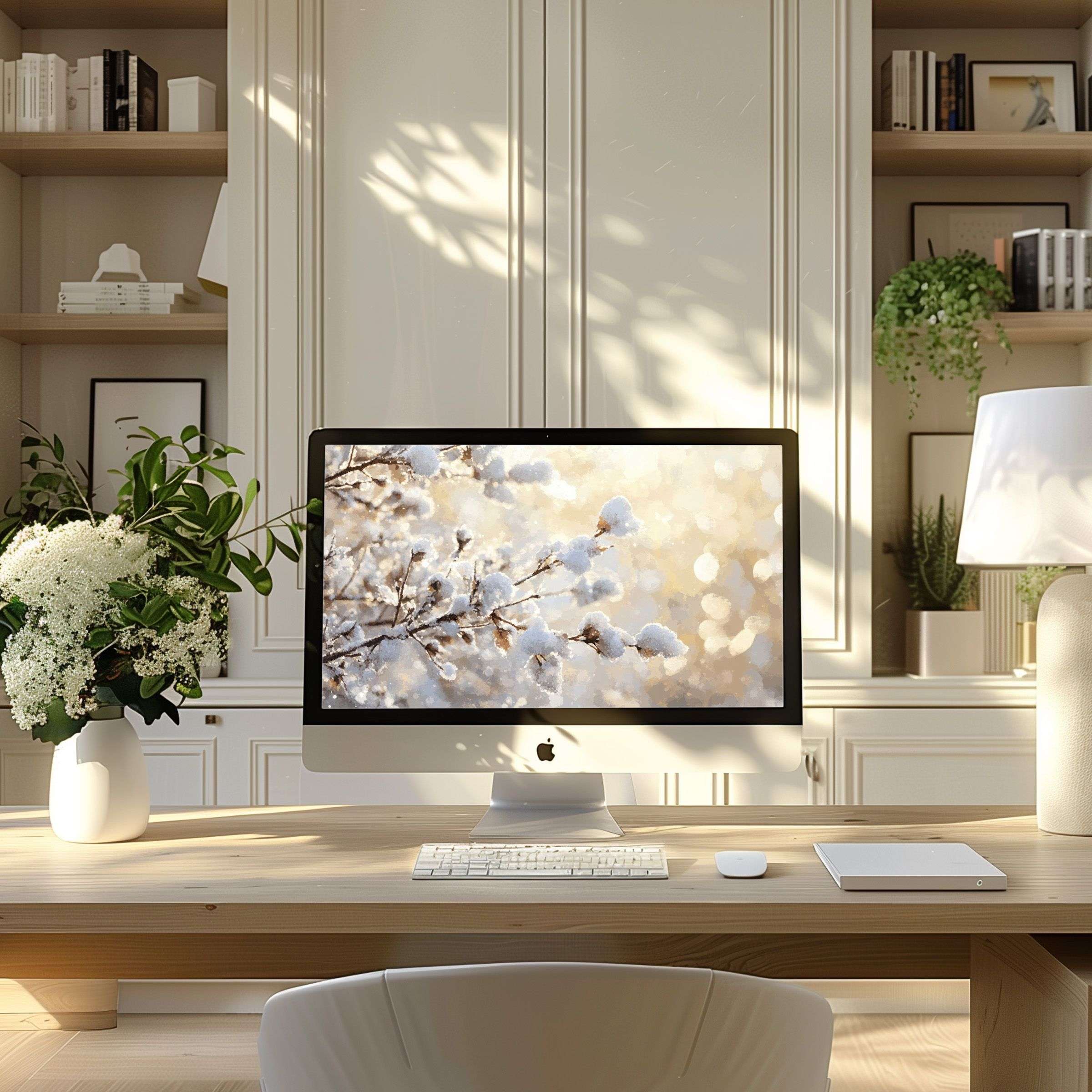 Calming beige and white art as wallpaper for computer PC or laptop, enhancing any modern home office with elegance and inspiration