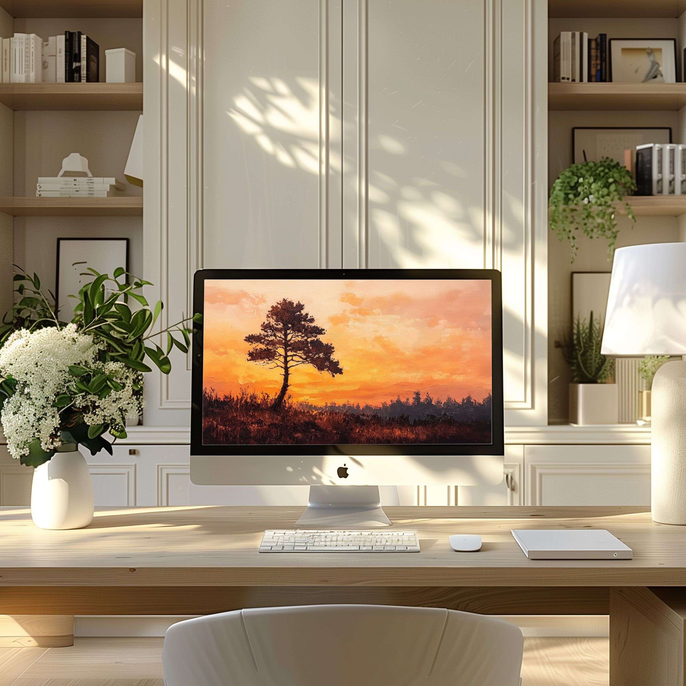 Elegant sunset landscape digital art as wallpaper for computer PC and laptop in a serene modern home office setting inspiring calm
