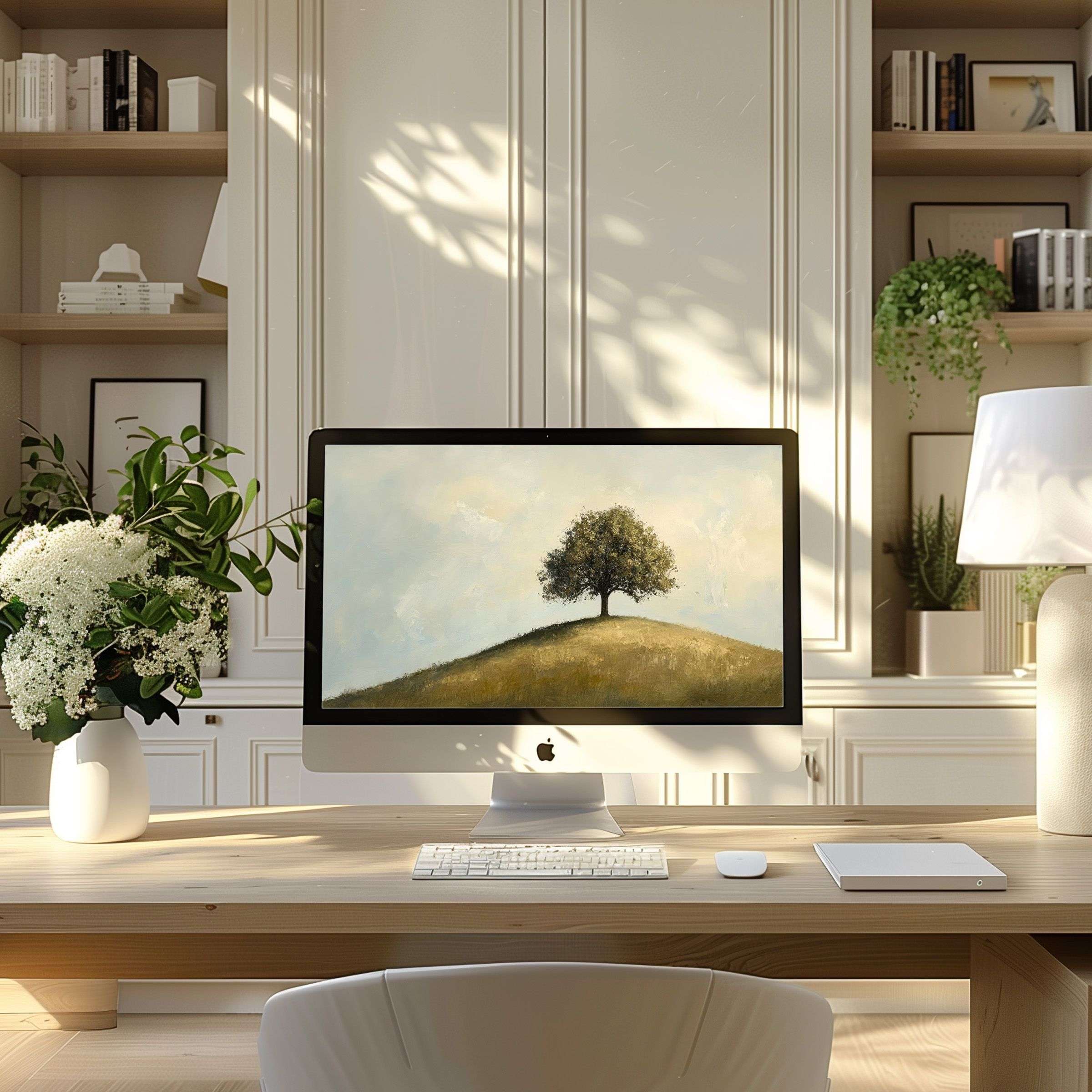 Elegant landscape wallpaper for computer featuring a serene tree in a modern home office setting, ideal for PC and laptop screens