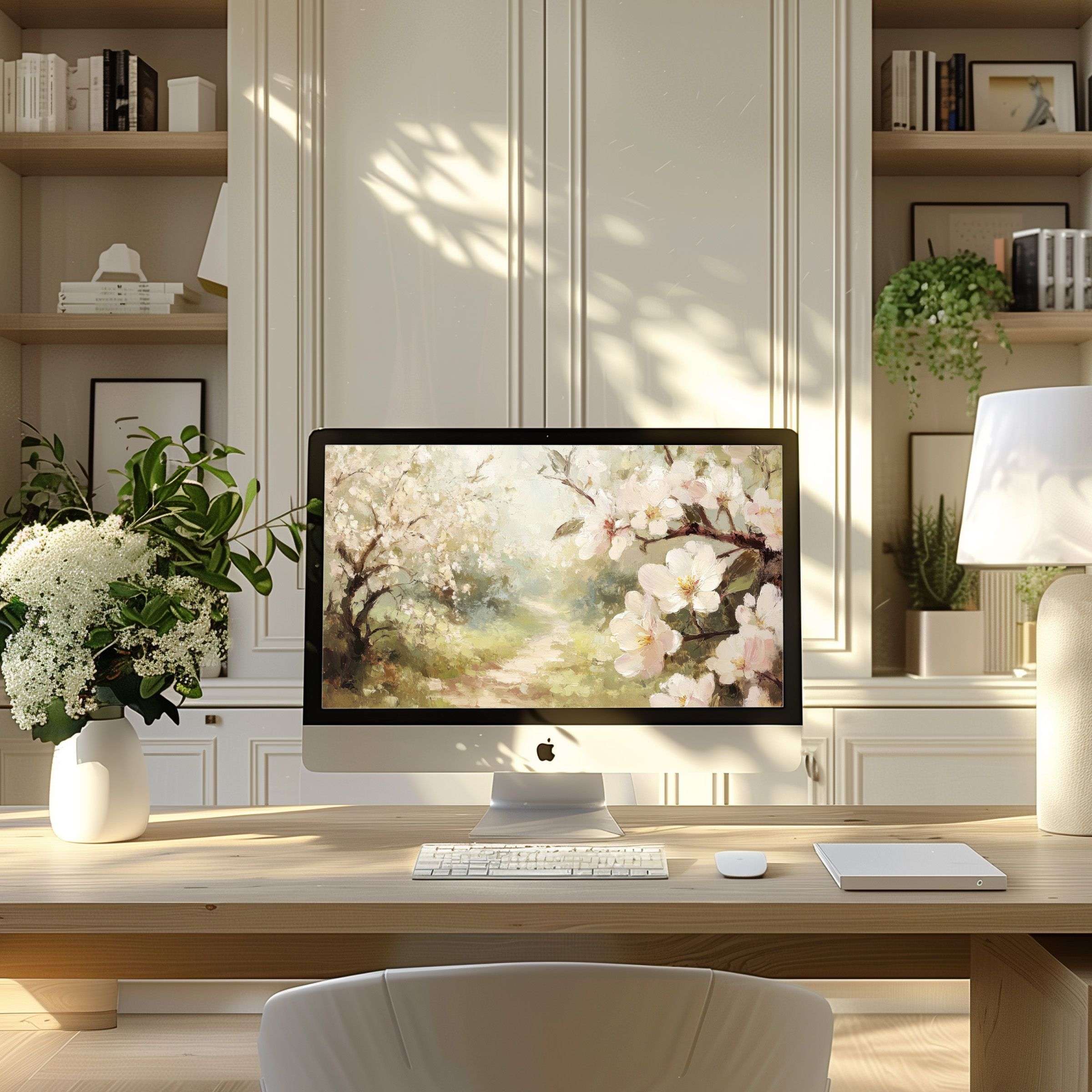 Elegant floral digital art wallpaper for computer, PC, and laptop enhances modern home office aesthetics, inspiring calm and creativity