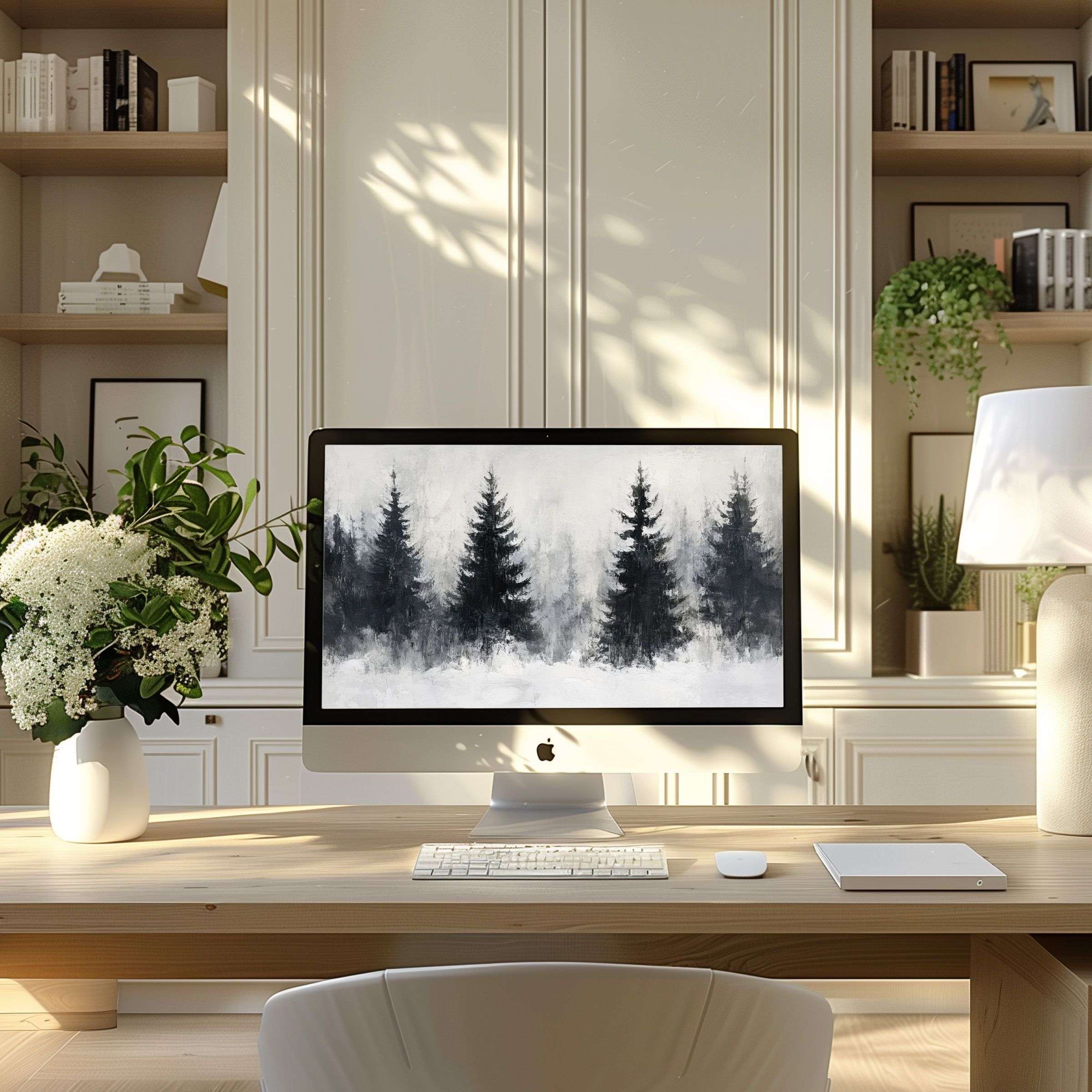 Elegant forest-themed wallpaper for computer brings calm and inspiration to your PC or Laptop in a modern, serene home office