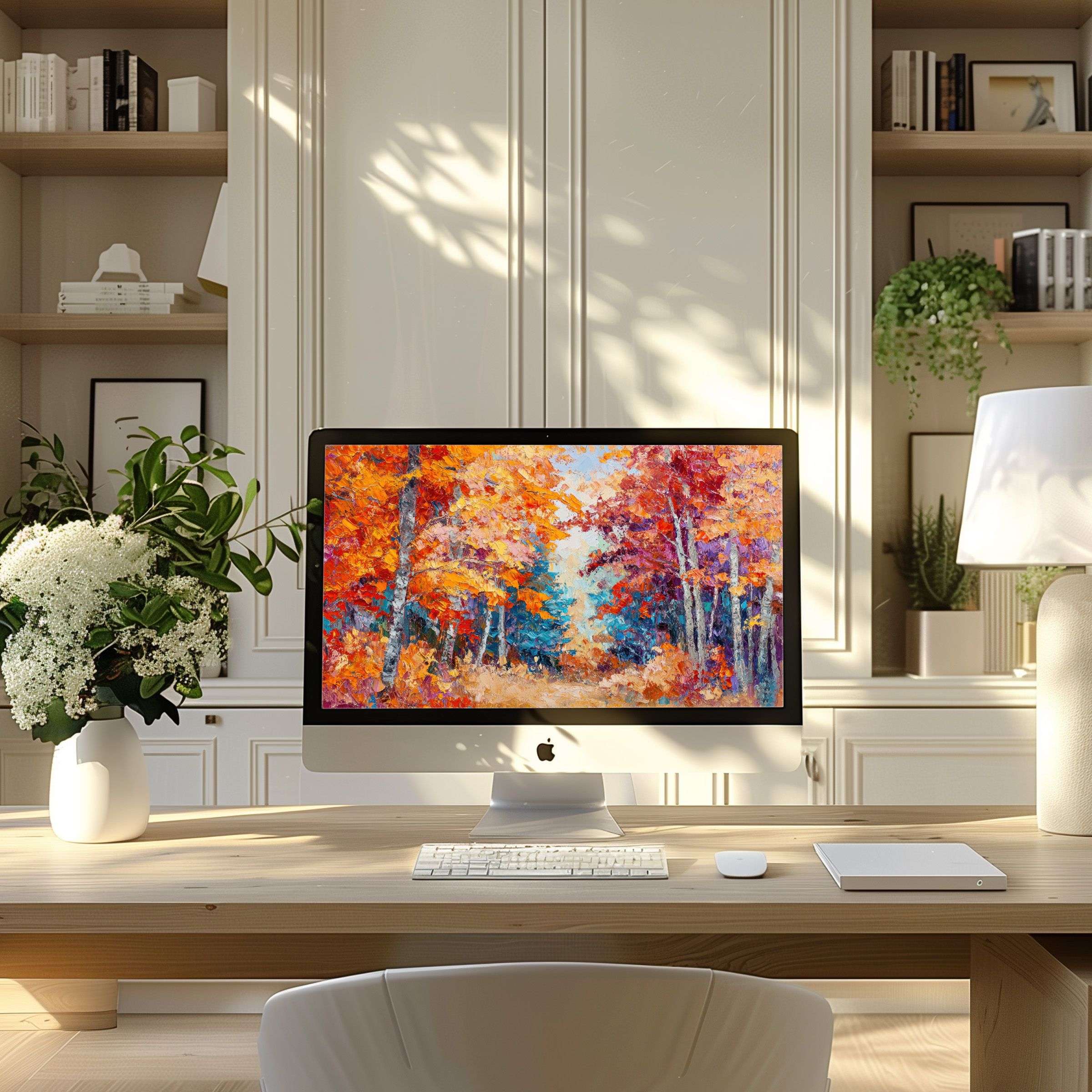 Inspire calm elegance with this autumn forest wallpaper for computer, perfect for PC or laptop in a modern home office setting