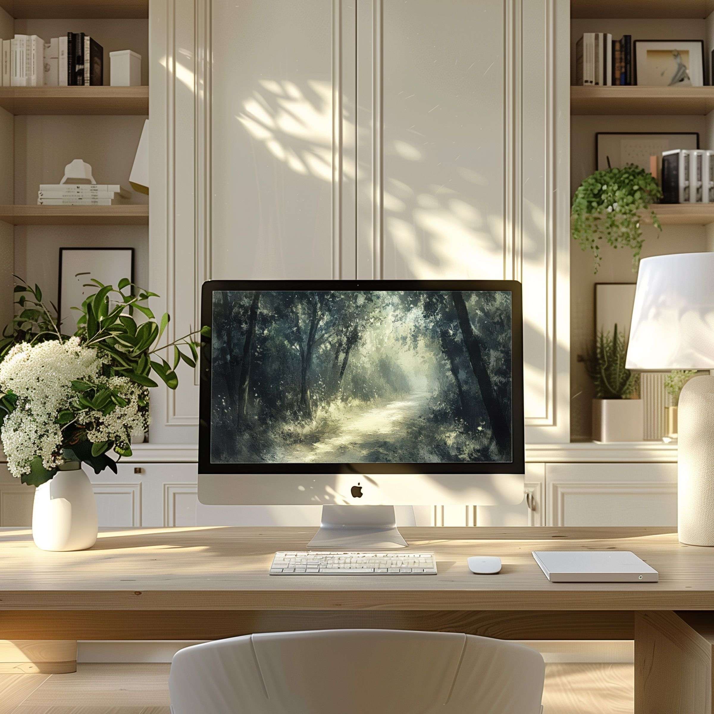 Inspire tranquility with elegant forest motif wallpaper for computer, enhancing your modern home office on PC or laptop display