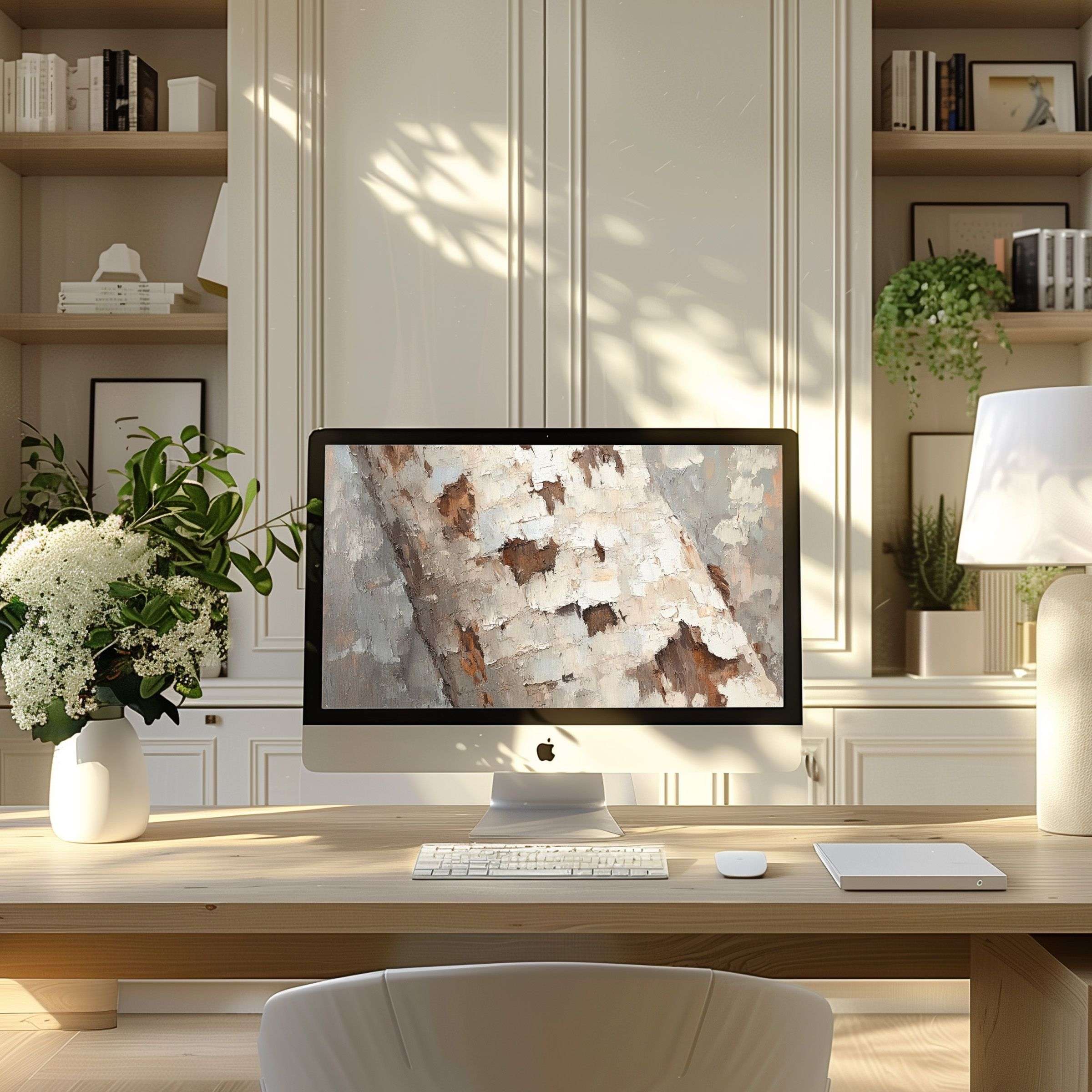 Elegant wallpaper for computer depicting calming abstract bark pattern in light tones, perfect for PC or laptop in serene home office