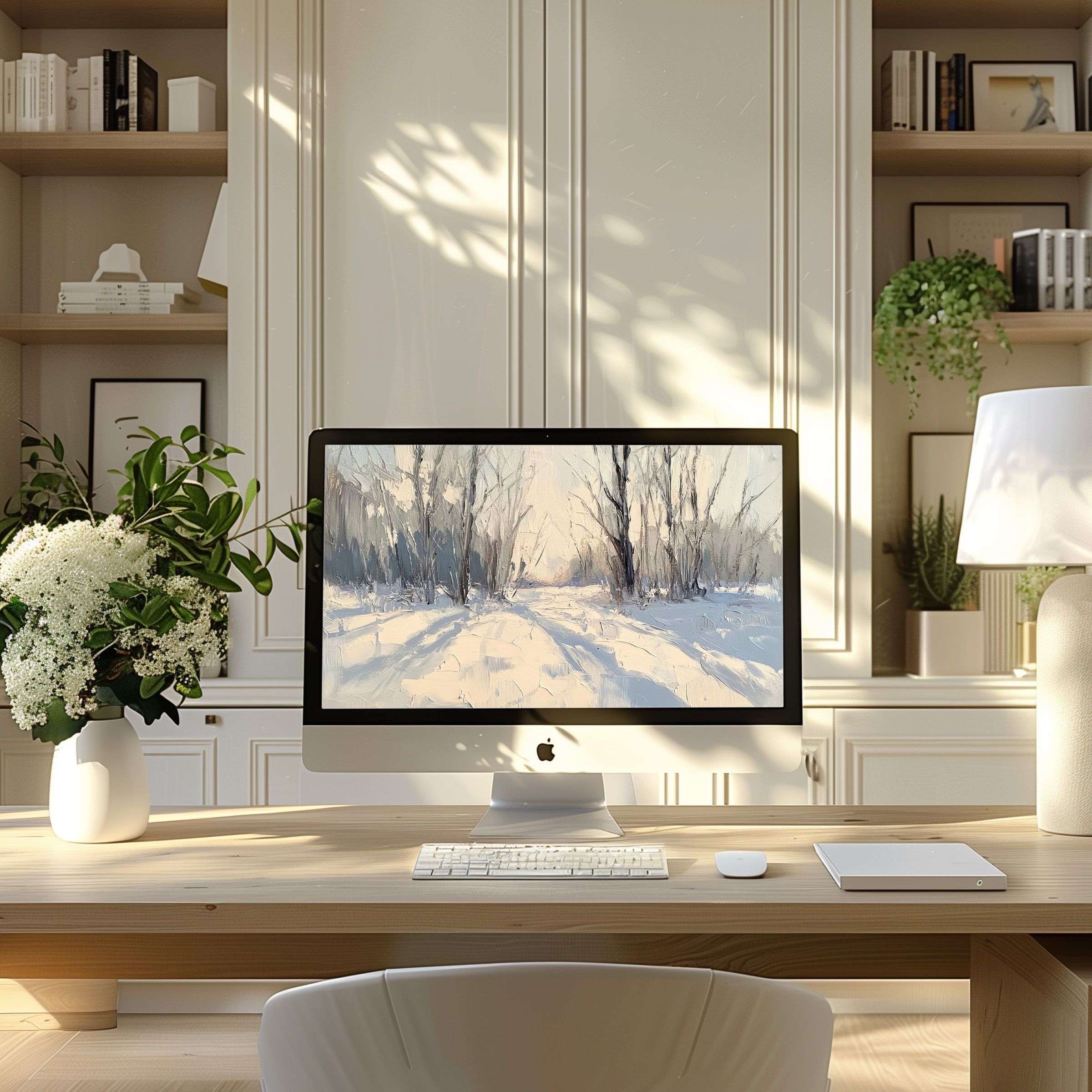 Inspire calm and elegance with a serene winter landscape wallpaper for computer, perfect for PC or laptop in your modern office