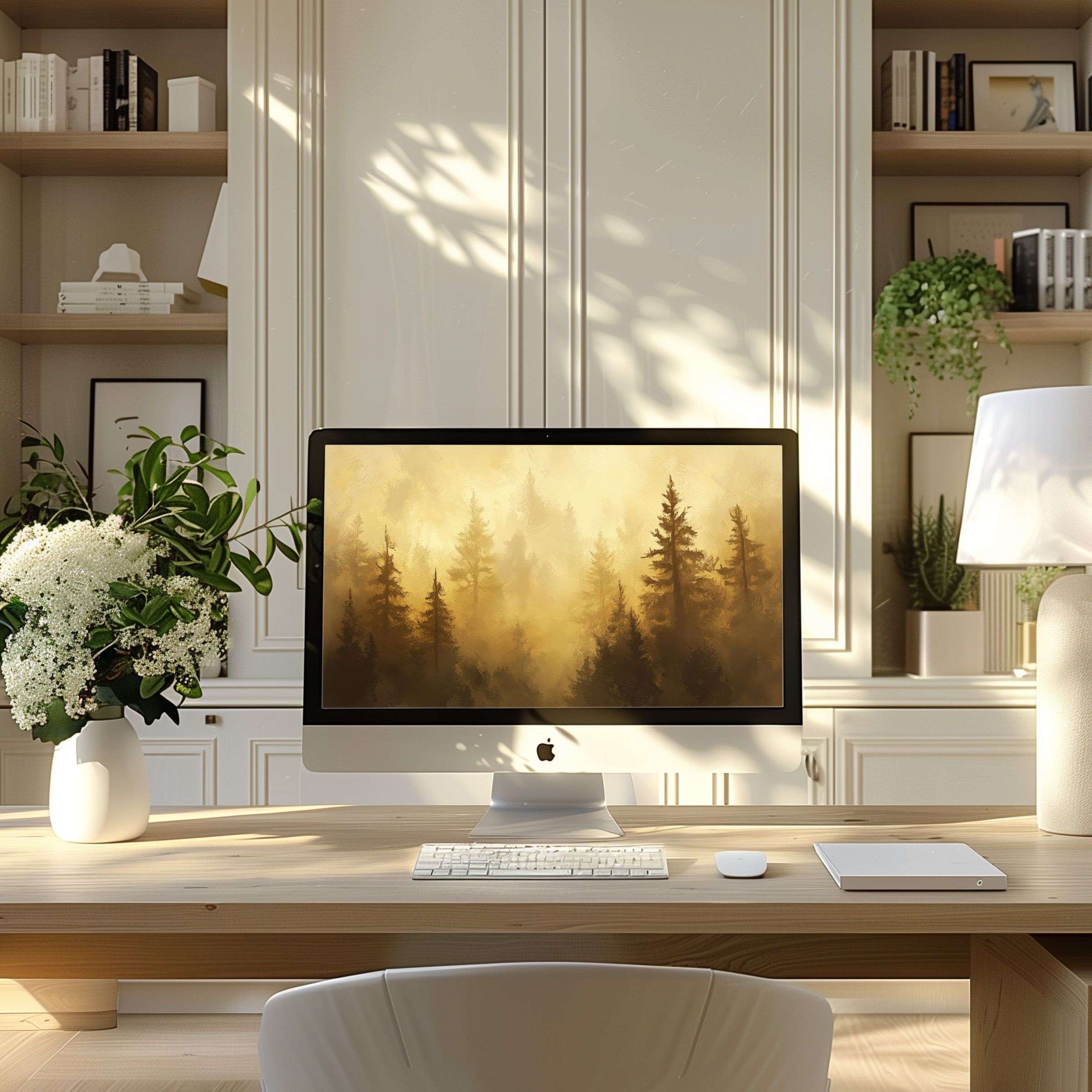 Elegant forest wallpaper for computer adds calm and inspiration to modern home office desk, fits PC, laptop, ultrawide screens
