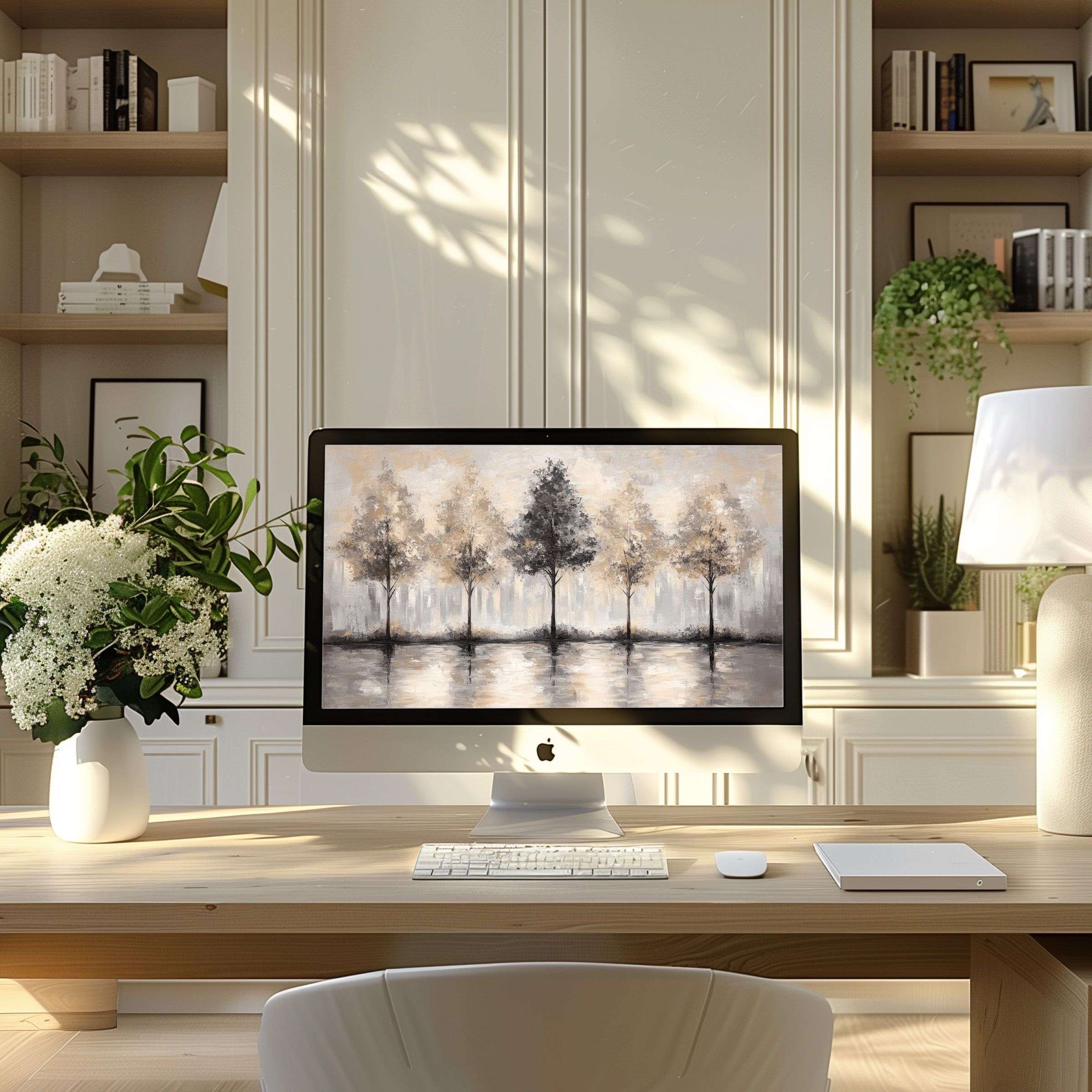 Elegant tree motif wallpaper for computer creates calm inspiration in a modern home office, perfect for PC or laptop download