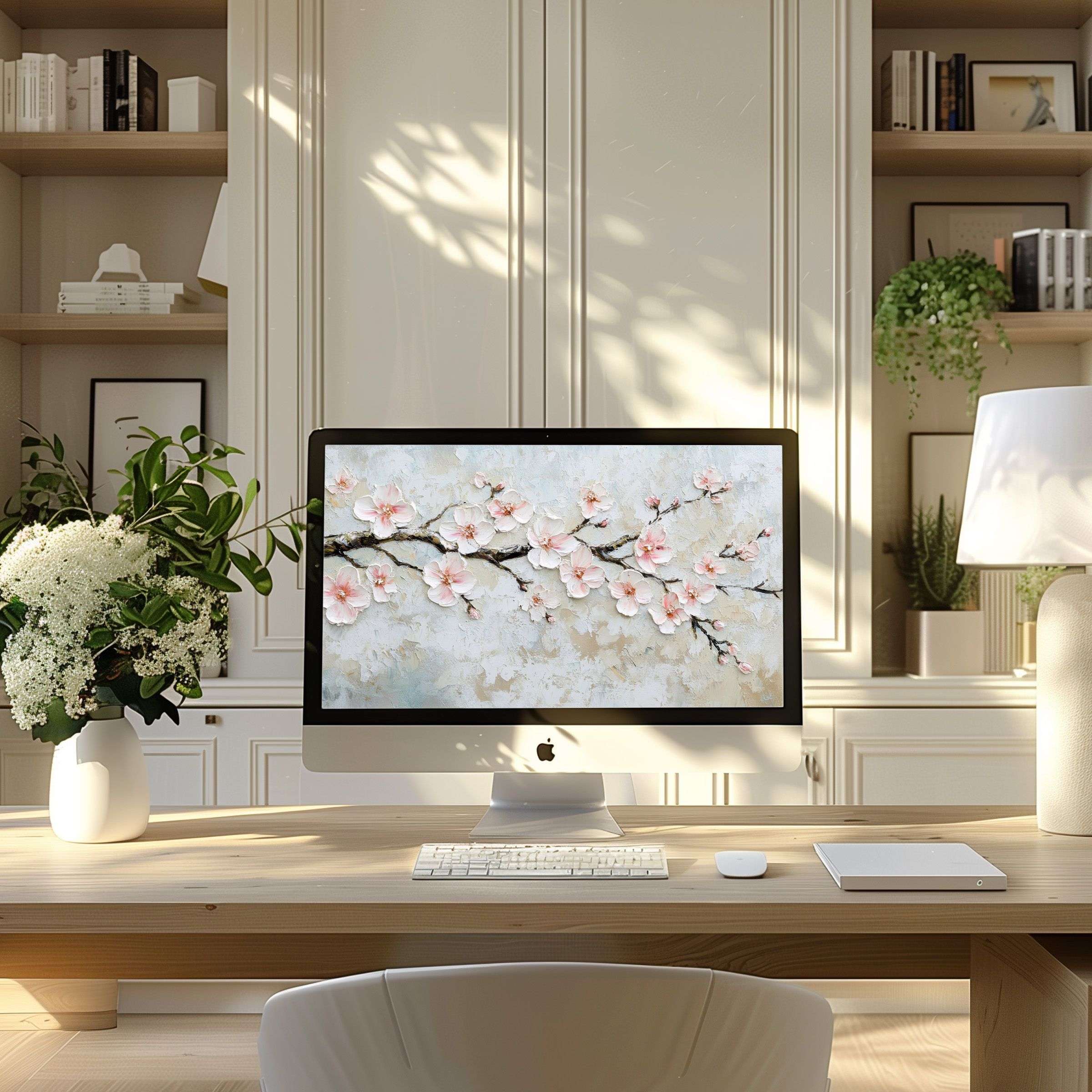 Elegant floral digital art as wallpaper for computer, PC, or laptop enhances a modern home office with calm inspiration