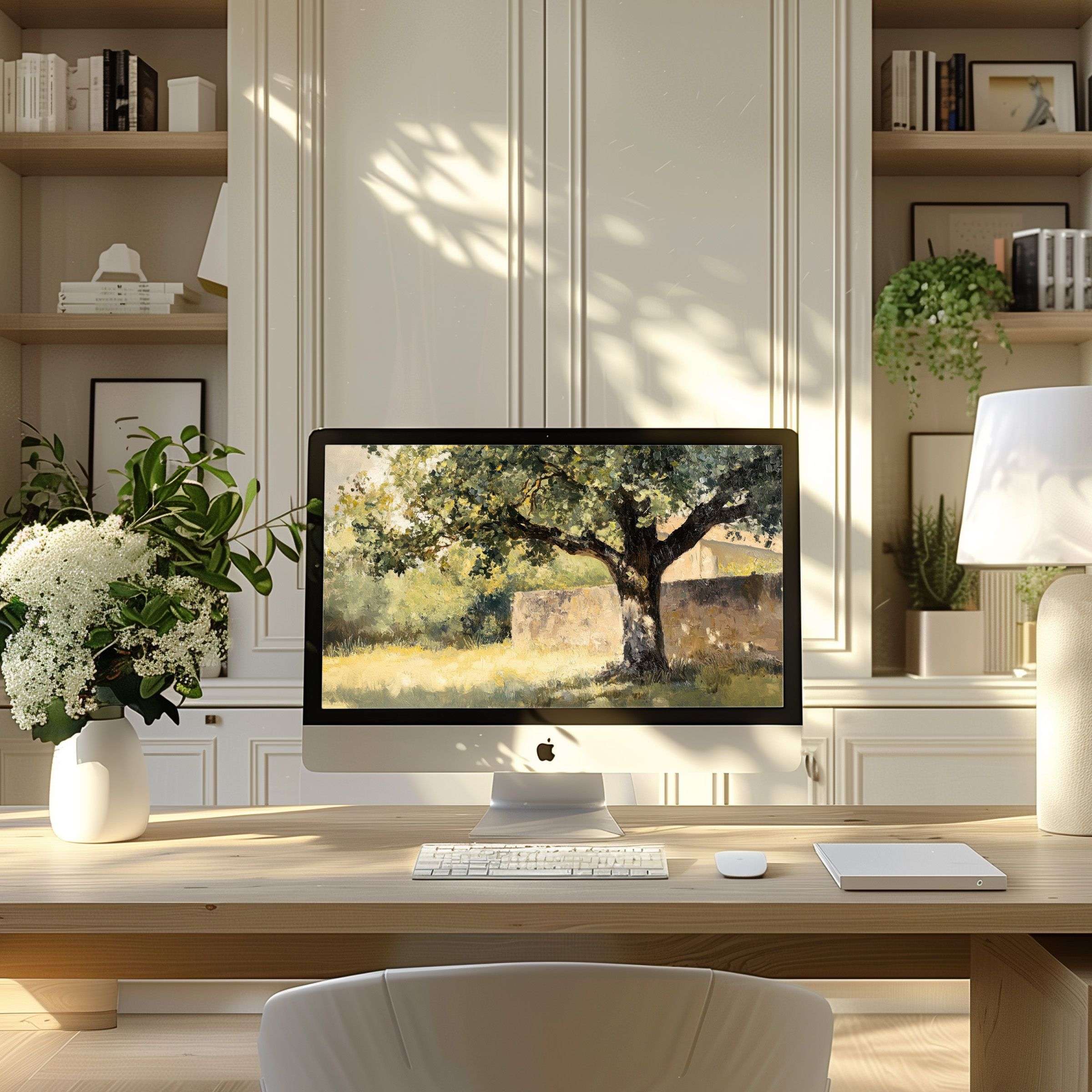 Elegant tree artwork for wallpaper, perfect for PC and laptop, brings calm inspiration to any modern home office desk setting