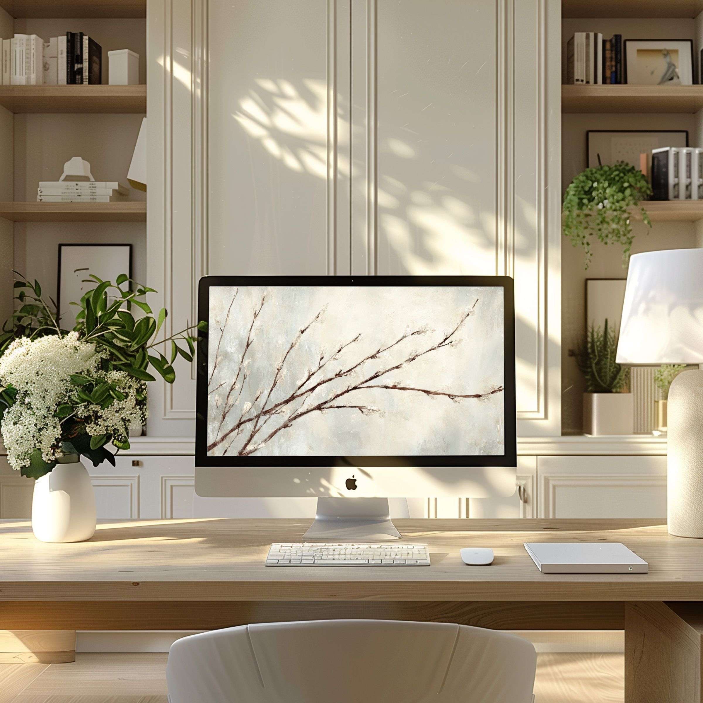 Elegant modern home office with serene branch motif digital art, perfect wallpaper for computer, PC or laptop, offering calm inspiration