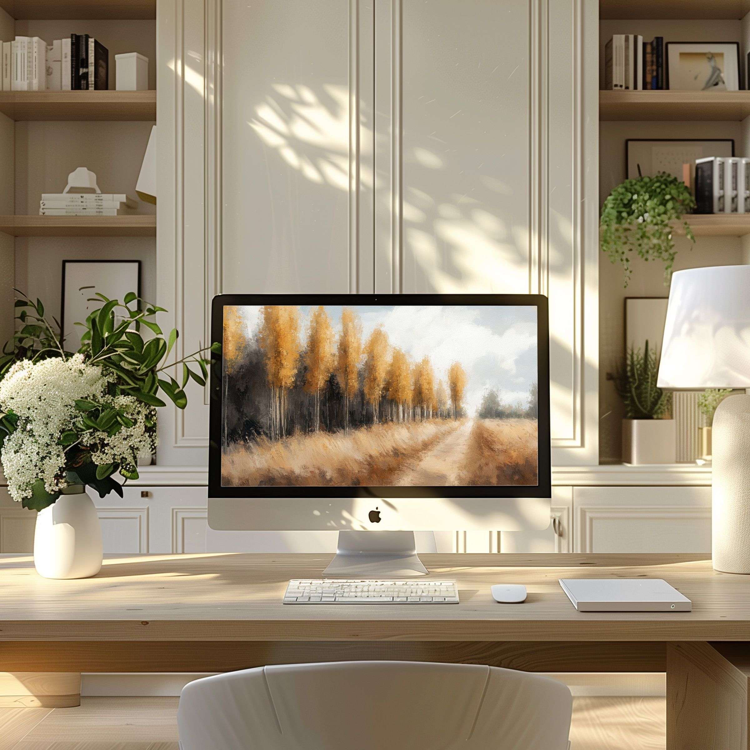 Elegant digital art landscape wallpaper for computer, PC, and laptop inspires calm in a modern home office setting