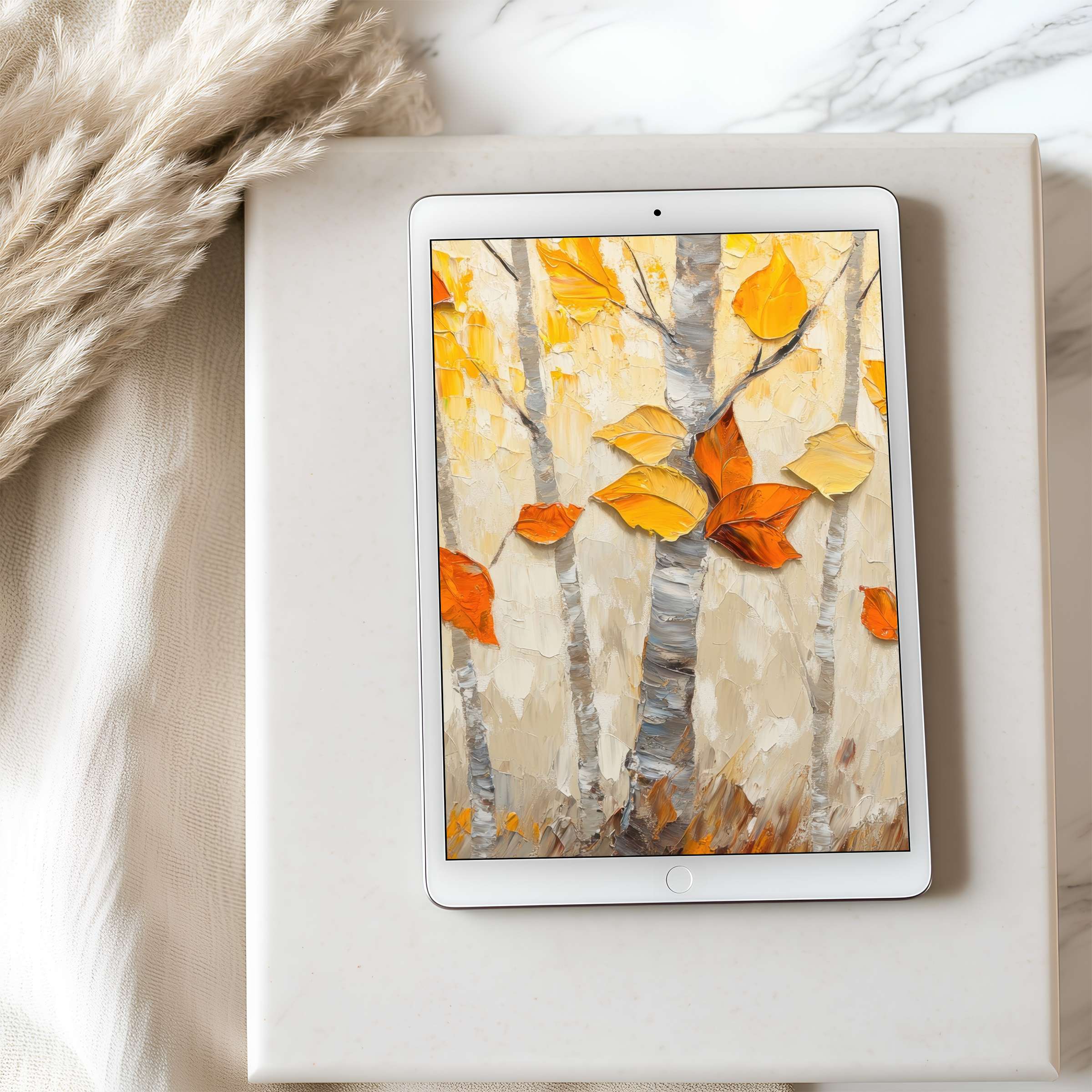 Warm autumn hues in high-resolution tablet wallpaper on iPad, inspiring calm interiors with curated nature's art, digital download