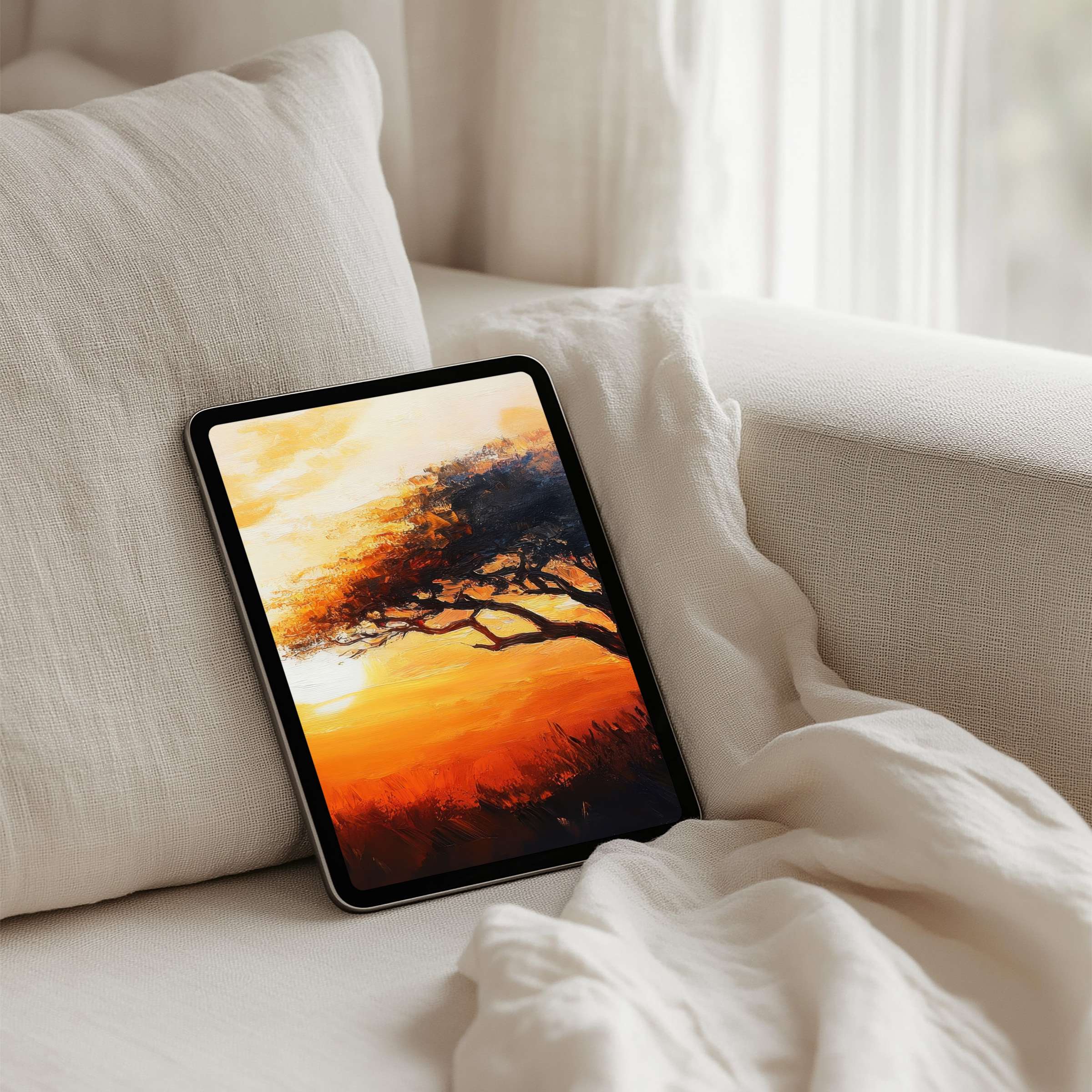 Elegant iPad background with serene sunset art on a cozy sofa perfect for instant download on any tablet inspiring calm and mindfulness