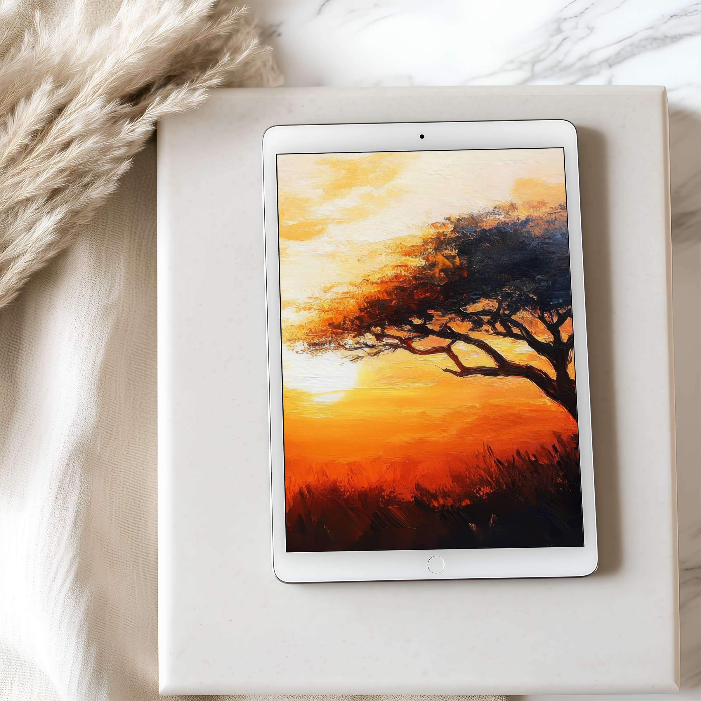 Vibrant sunset landscape tablet wallpaper with warm hues enhances serenity, ideal for high-resolution iPad and Android digital download